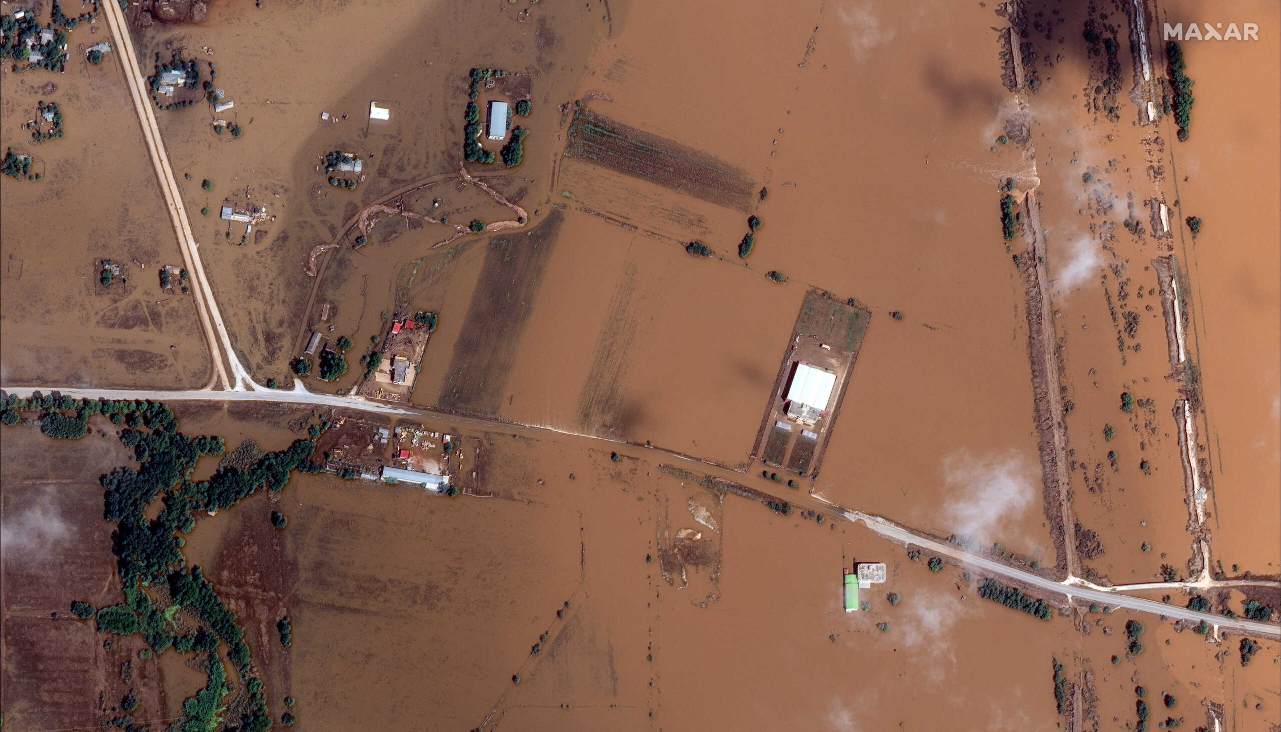 A satellite image shows flooded fields at east Palamas during floods, Greece, September 9, 2023. Maxar Technologies