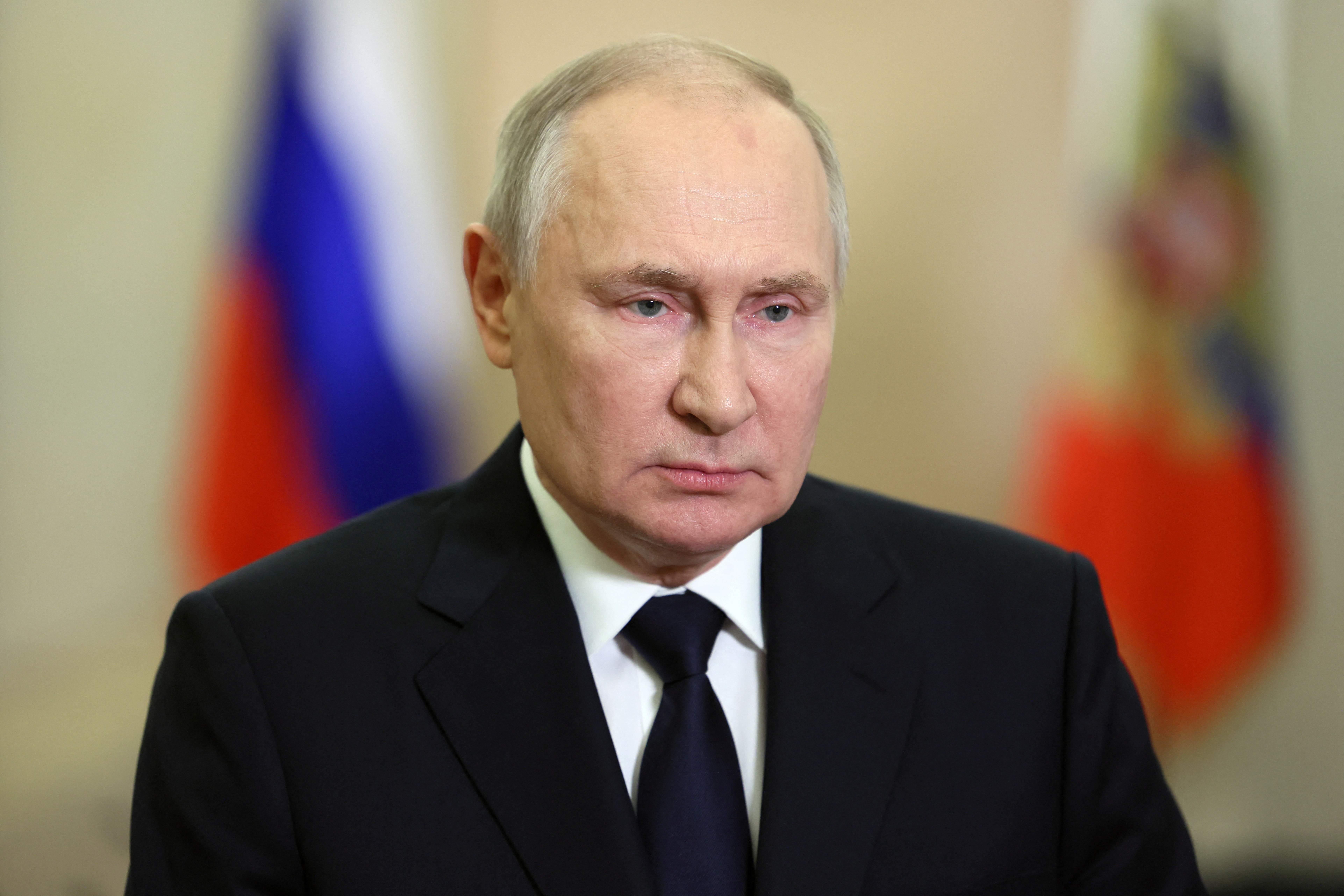 Russian President Vladimir Putin gives a televised address to mark the one-year anniversary of the declared annexation of the Russian-controlled territories of four Ukraine's Donetsk, Luhansk, Kherson and Zaporizhzhia regions, after holding what Russian authorities called referendums that were condemned by Kyiv and governments worldwide, in Moscow, Russia, in this picture released September 30, 2023. Sputnik