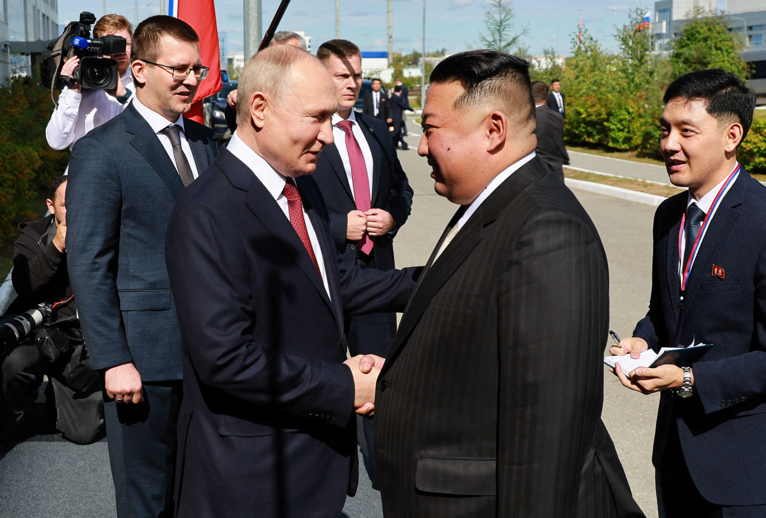 Russia's President Vladimir Putin shakes hands with North Korea's leader Kim Jong Un during a meeting at the Vostochny Сosmodrome in the far eastern Amur region, Russia, September 13, 2023. Sputnik