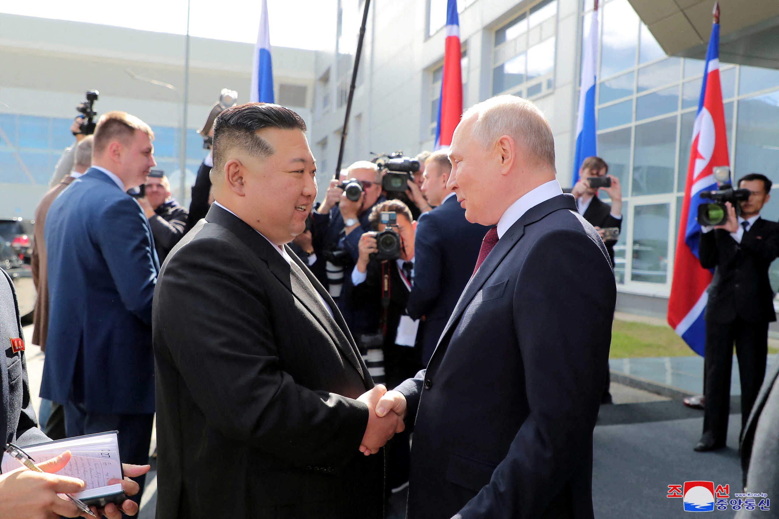 FILE PHOTO: North Korean leader Kim Jong Un meets Russia's President Vladimir Putin at the Vostochny ?osmodrome in the Amur Oblast of the Far East Region, Russia, September 13, 2023 in this image released by North Korea's Korean Central News Agency.   KCNA via REUTERS    ATTENTION EDITORS - THIS IMAGE WAS PROVIDED BY A THIRD PARTY. REUTERS IS UNABLE TO INDEPENDENTLY VERIFY THIS IMAGE. NO THIRD PARTY SALES. SOUTH KOREA OUT. NO COMMERCIAL OR EDITORIAL SALES IN SOUTH KOREA.