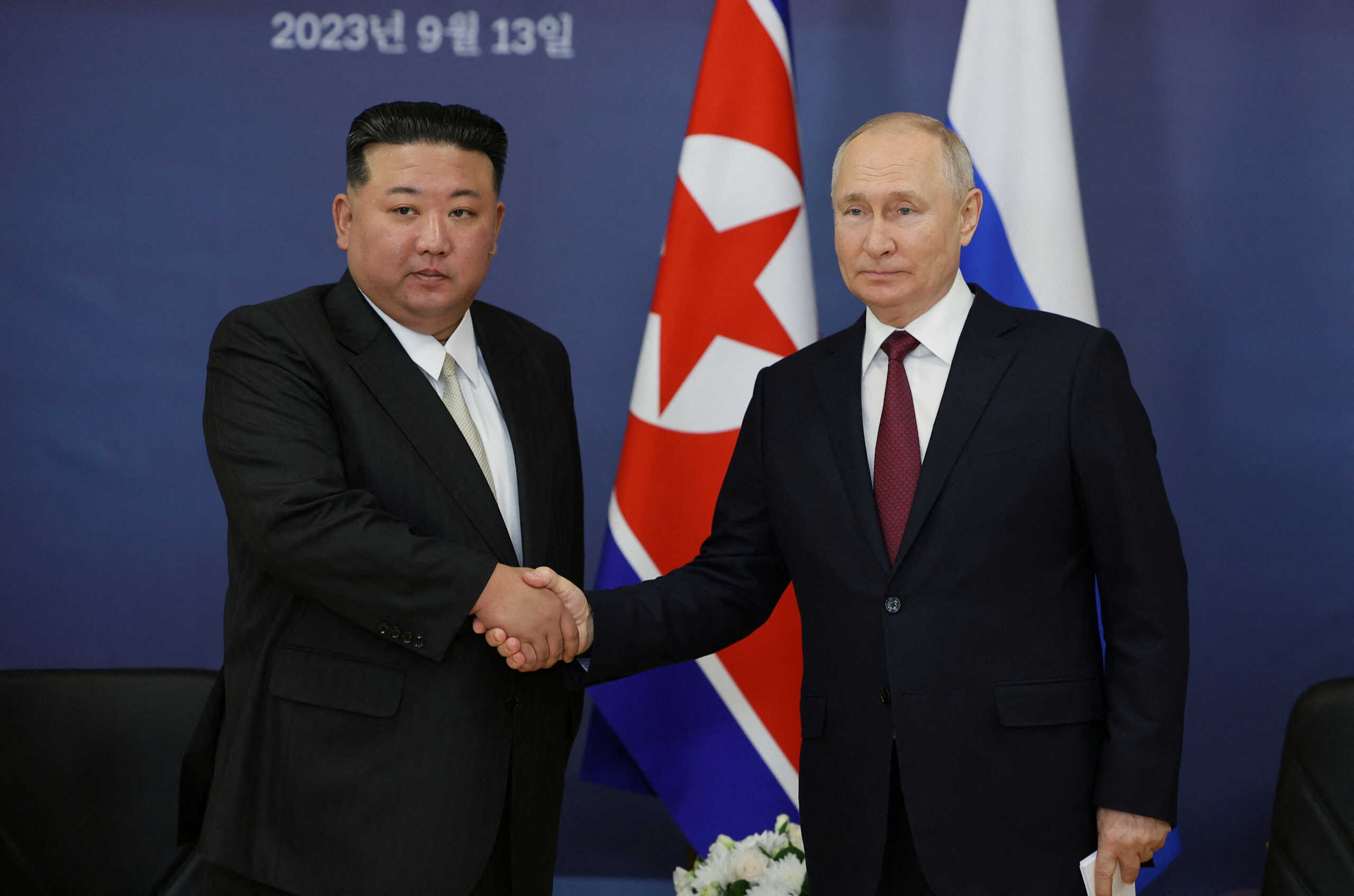 Russia's President Vladimir Putin shakes hands with North Korea's leader Kim Jong Un during a meeting at the Vostochny Сosmodrome in the far eastern Amur region, Russia, September 13, 2023. Sputnik