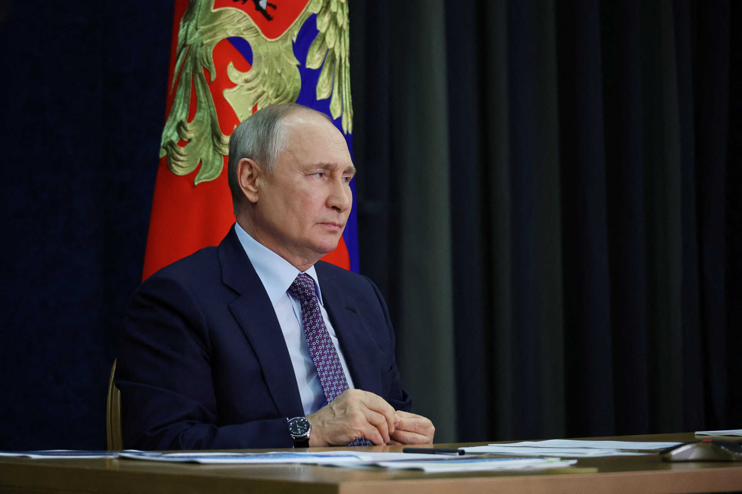 Russian President Vladimir Putin holds a meeting on the implementation of the development program for the cities of Anadyr, Magadan and Yakutsk in the Russian Far East, via video link in Sochi, Russia September 5, 2023. Sputnik