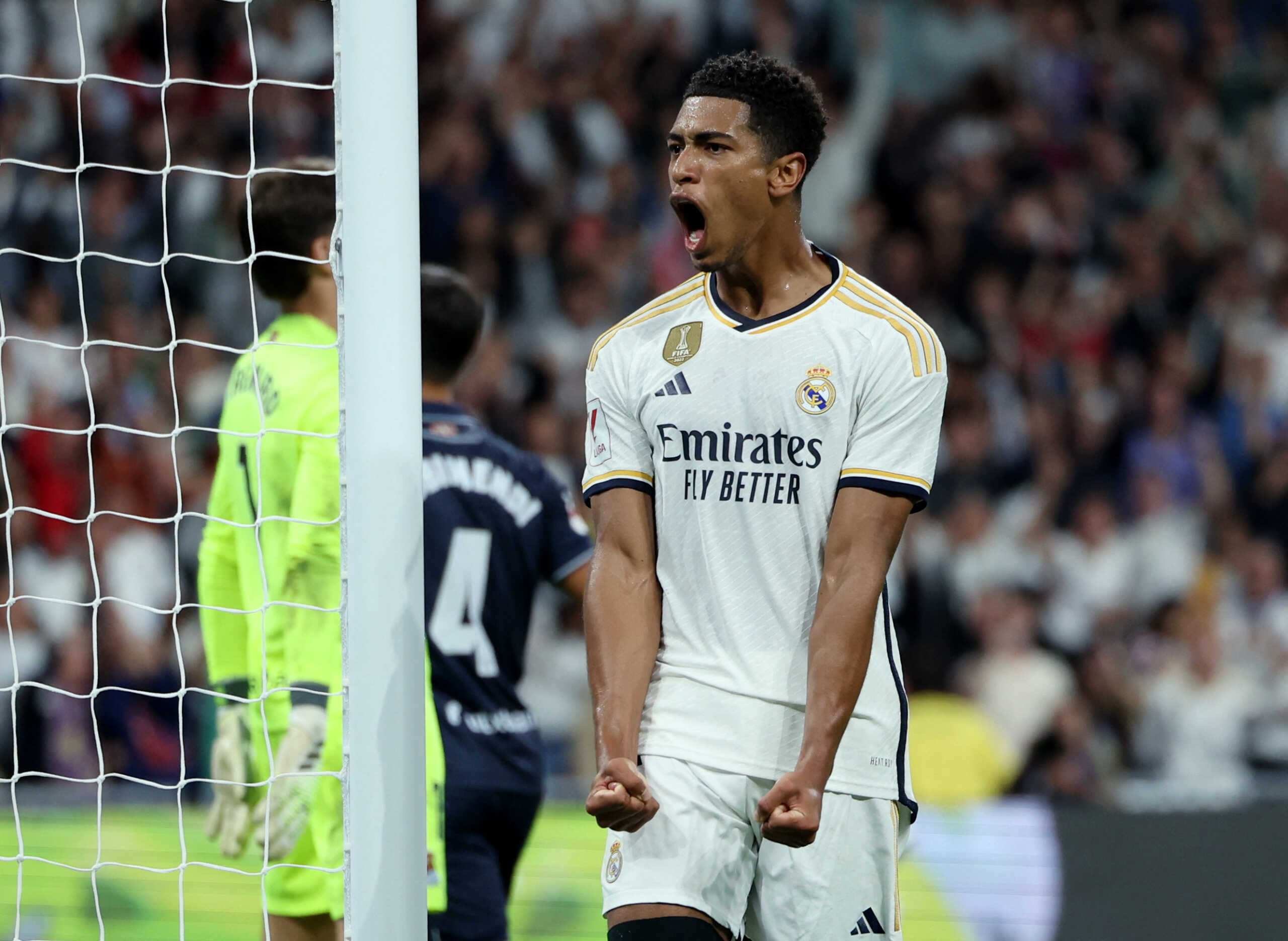 Soccer Football - LaLiga - Real Madrid v Real Sociedad - Santiago Bernabeu, Madrid, Spain - September 17, 2023 Real Madrid's Jude Bellingham celebrates after Joselu scores their second goal REUTERS
