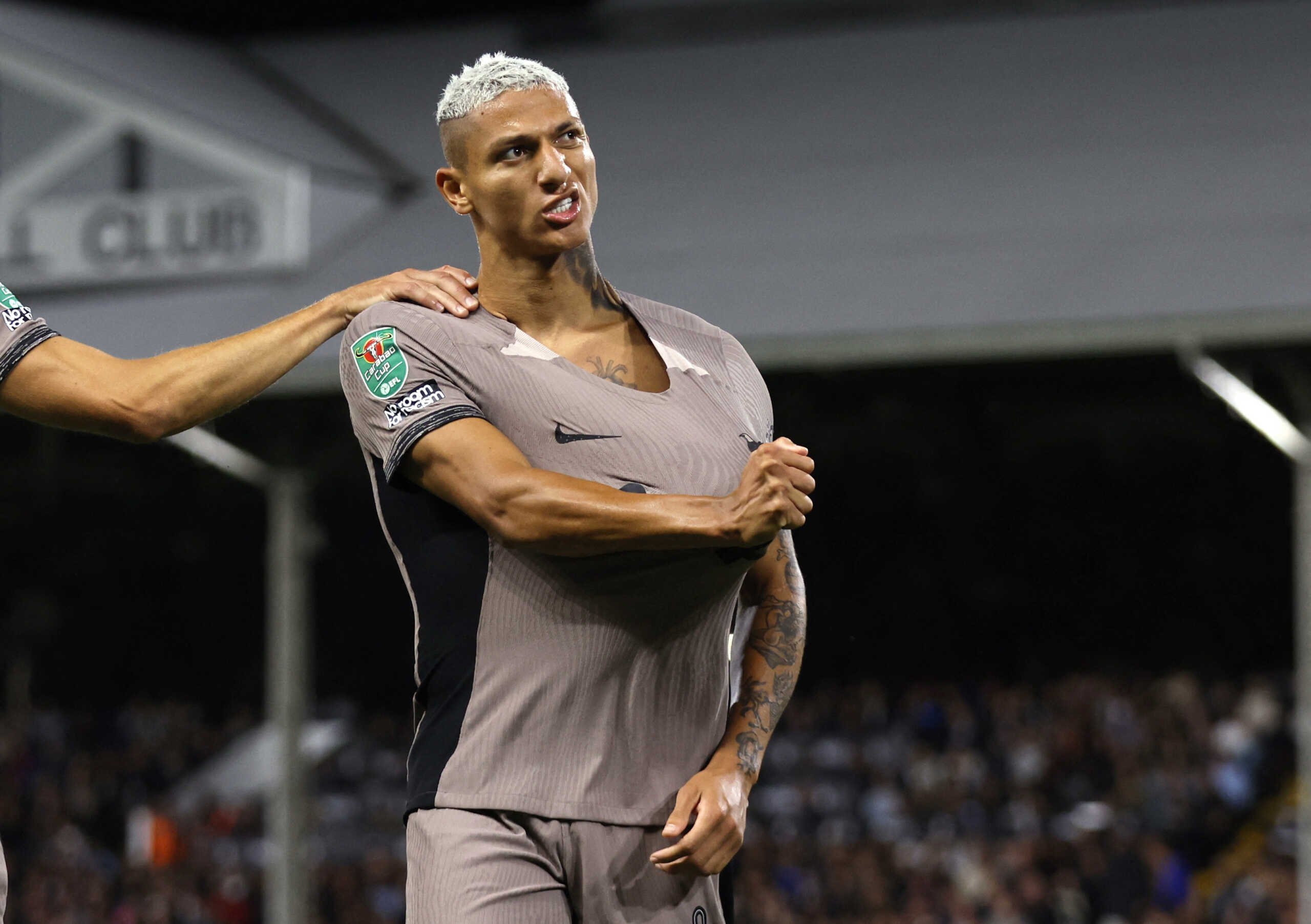 Soccer Football - Carabao Cup Second Round - Fulham v Tottenham Hotspur - Craven Cottage, London, Britain - August 29, 2023 Tottenham Hotspur's Richarlison celebrates scoring their first goal Action Images via Reuters