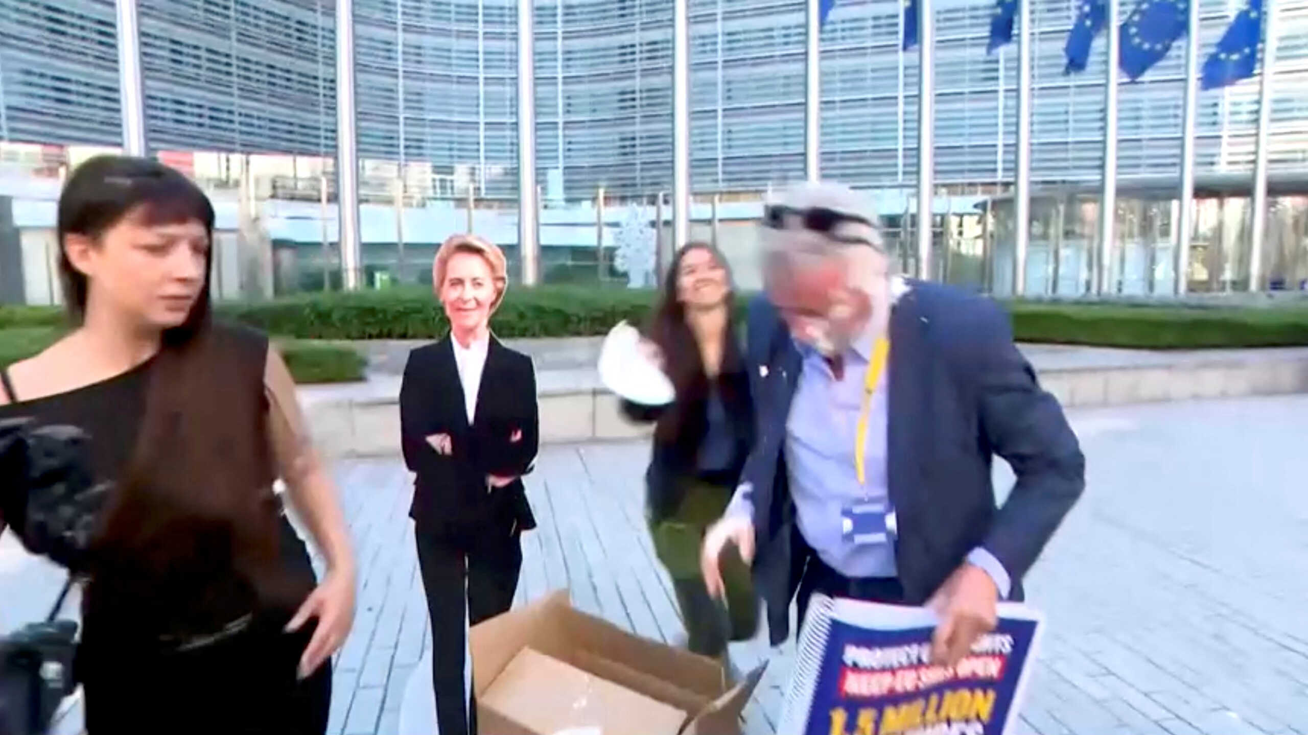 Ryanair CEO Michael O'Leary gets hit in the face by cream cakes during a press briefing outside the EU Commission, in Brussels, Belgium September 7, 2023, in this screengrab obtained from a handout video.  RTL-TVI