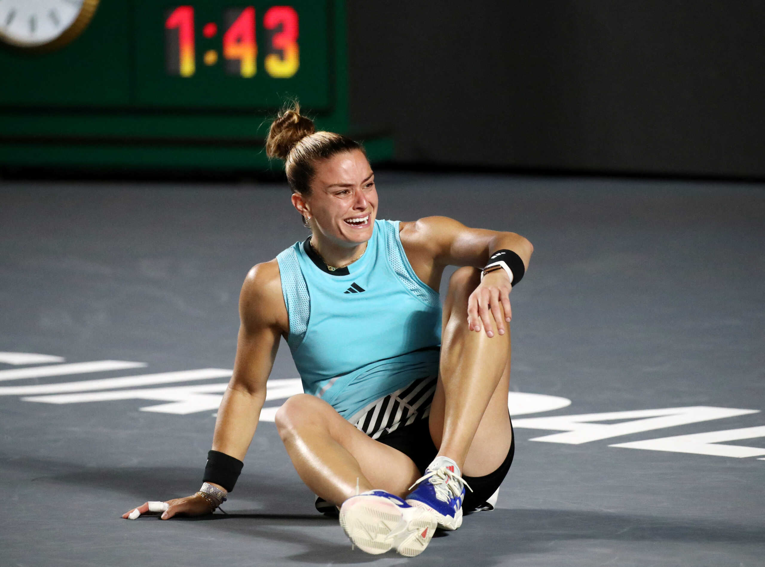 Tennis - WTA 1000 - Guadalajara Open - Panamerican Tennis Center, Guadalajara, Mexico - September 23, 2023 Greece's Maria Sakkari celebrates winning her final match against Caroline Dolehide of the U.S. REUTERS