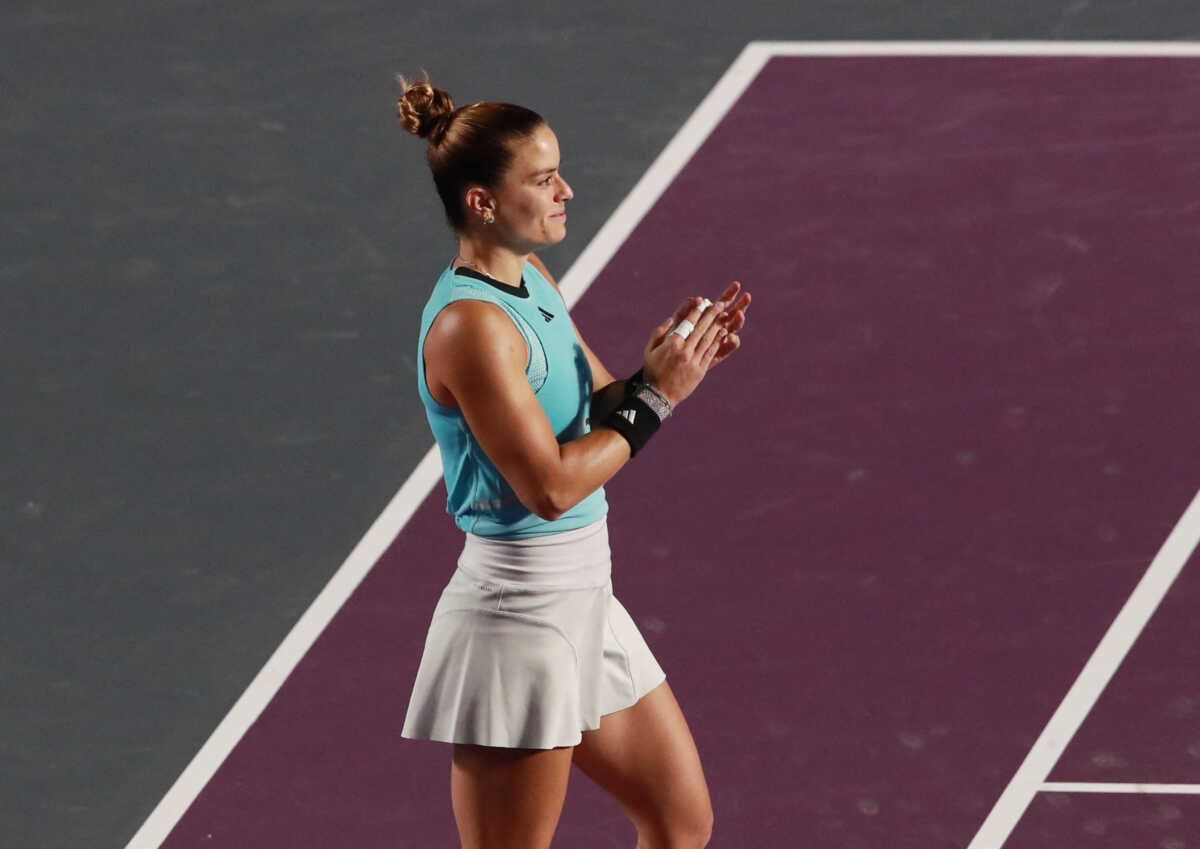 Tennis - WTA 1000 - Guadalajara Open - Panamerican Tennis Center, Guadalajara, Mexico - September 19, 2023 Greece's Maria Sakkari celebrates after winning her second round match against Australia's Storm Hunter REUTERS