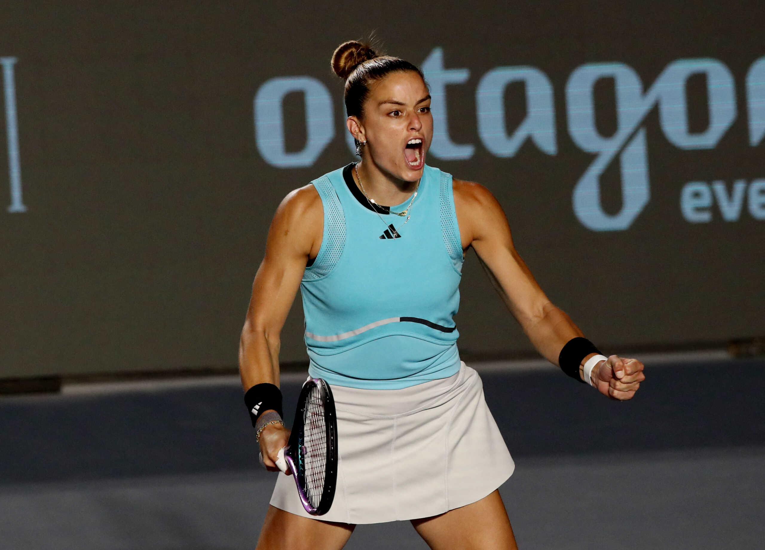 Tennis - WTA 1000 - Guadalajara Open - Panamerican Tennis Center, Guadalajara, Mexico - September 21, 2023 Greece's Maria Sakkari celebrates after winning her quarter final match against Colombia's Emiliana Arango REUTERS