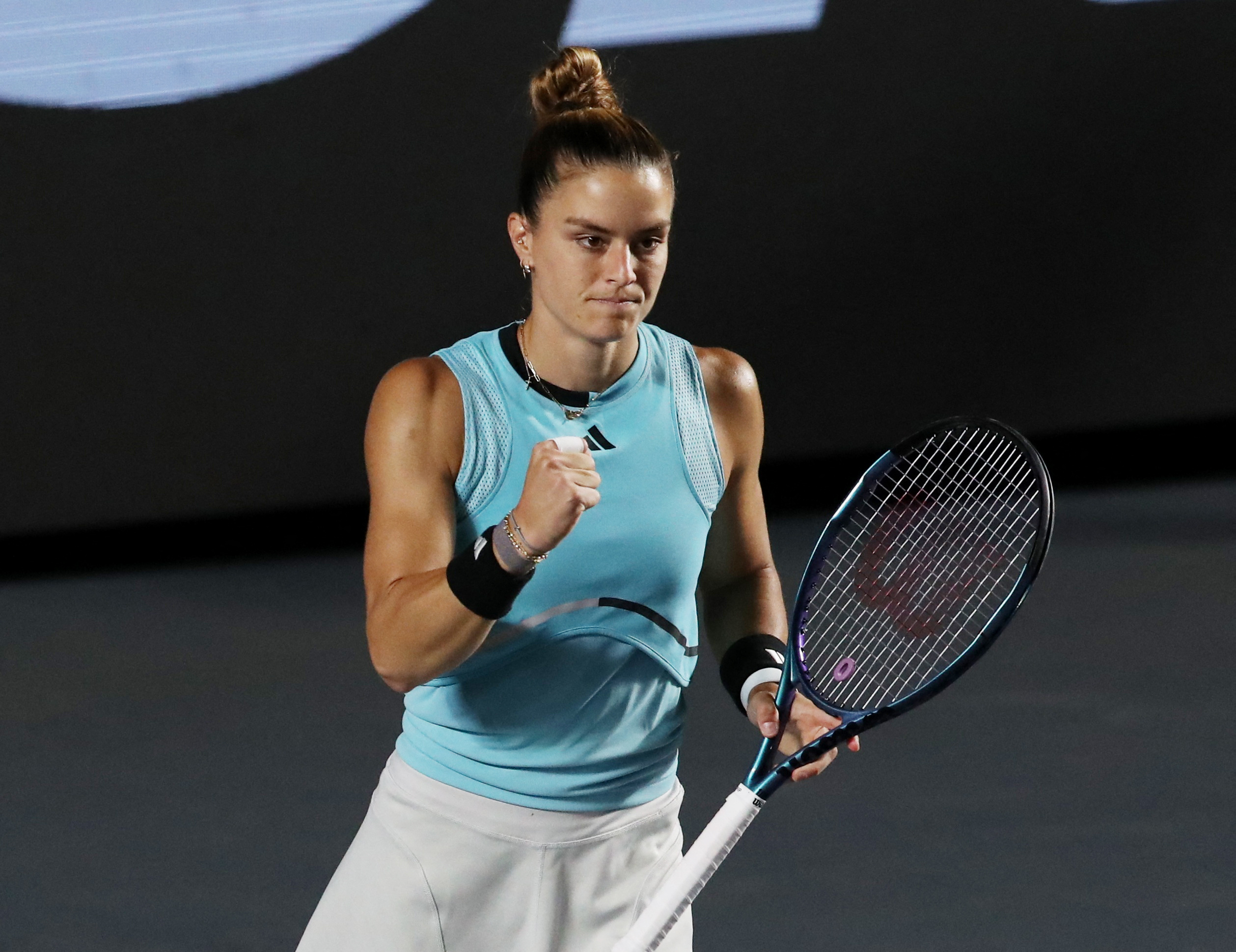 Tennis - WTA 1000 - Guadalajara Open - Panamerican Tennis Center, Guadalajara, Mexico - September 22, 2023 Greece's Maria Sakkari reacts during her semi final match against France's Caroline Garcia REUTERS