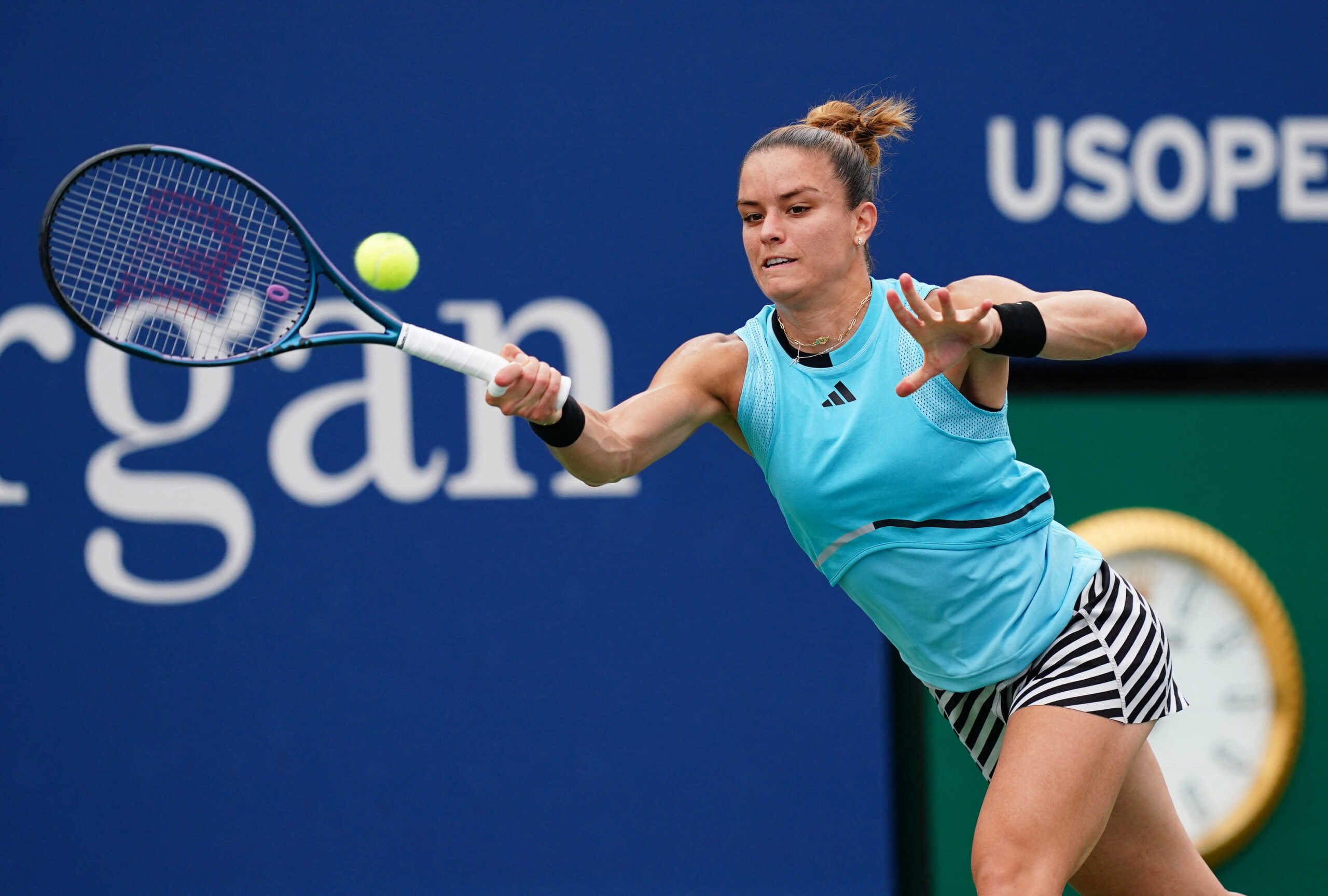 Aug 28, 2023; Flushing, NY, USA;   Maria Sakkari of Greece in action against Rebeka Masarova of Spain on day one of the 2023 U.S. Open tennis tournament at the USTA Billie Jean King National Tennis Center. Mandatory Credit: Jerry Lai-USA TODAY Sports