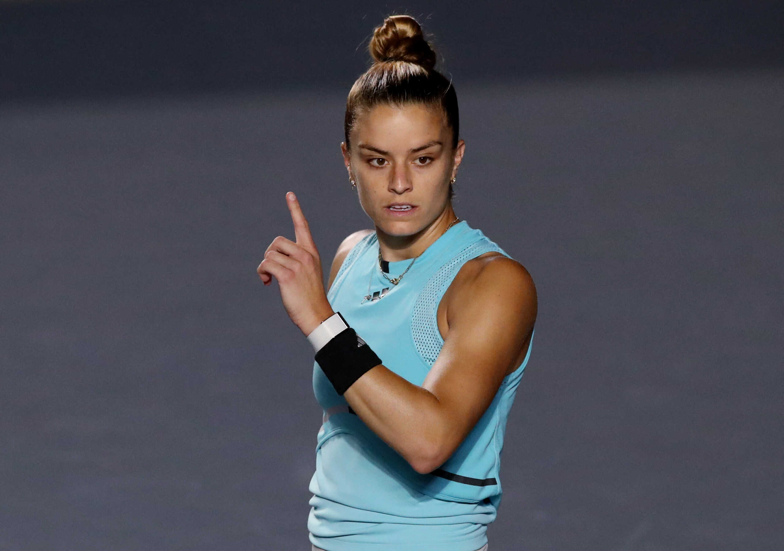 Tennis - WTA 1000 - Guadalajara Open - Panamerican Tennis Center, Guadalajara, Mexico - September 22, 2023 Greece's Maria Sakkari celebrates after winning her semi final match against France's Caroline Garcia REUTERS