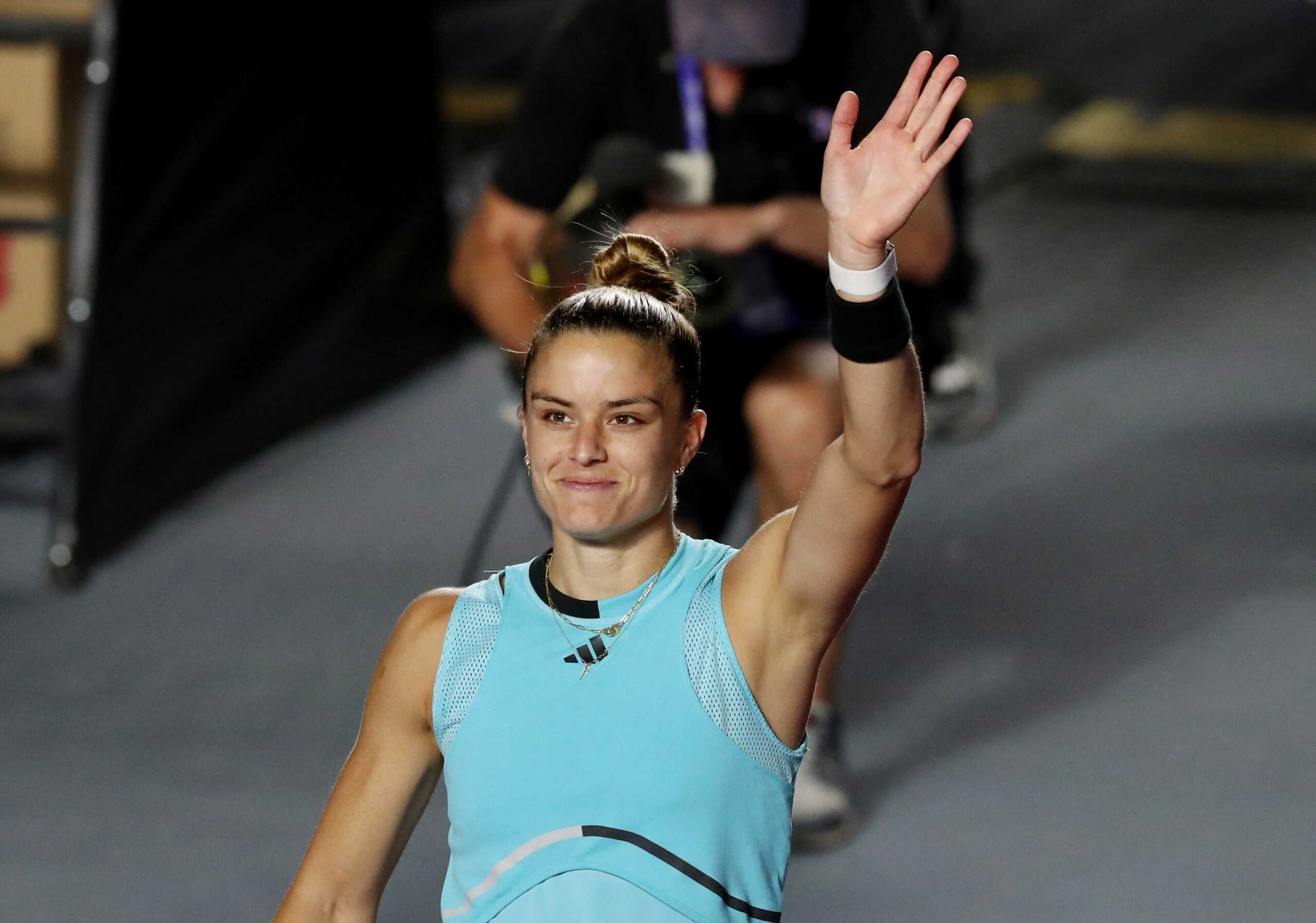 Tennis - WTA 1000 - Guadalajara Open - Panamerican Tennis Center, Guadalajara, Mexico - September 22, 2023 Greece's Maria Sakkari celebrates after winning her semi final match against France's Caroline Garcia REUTERS
