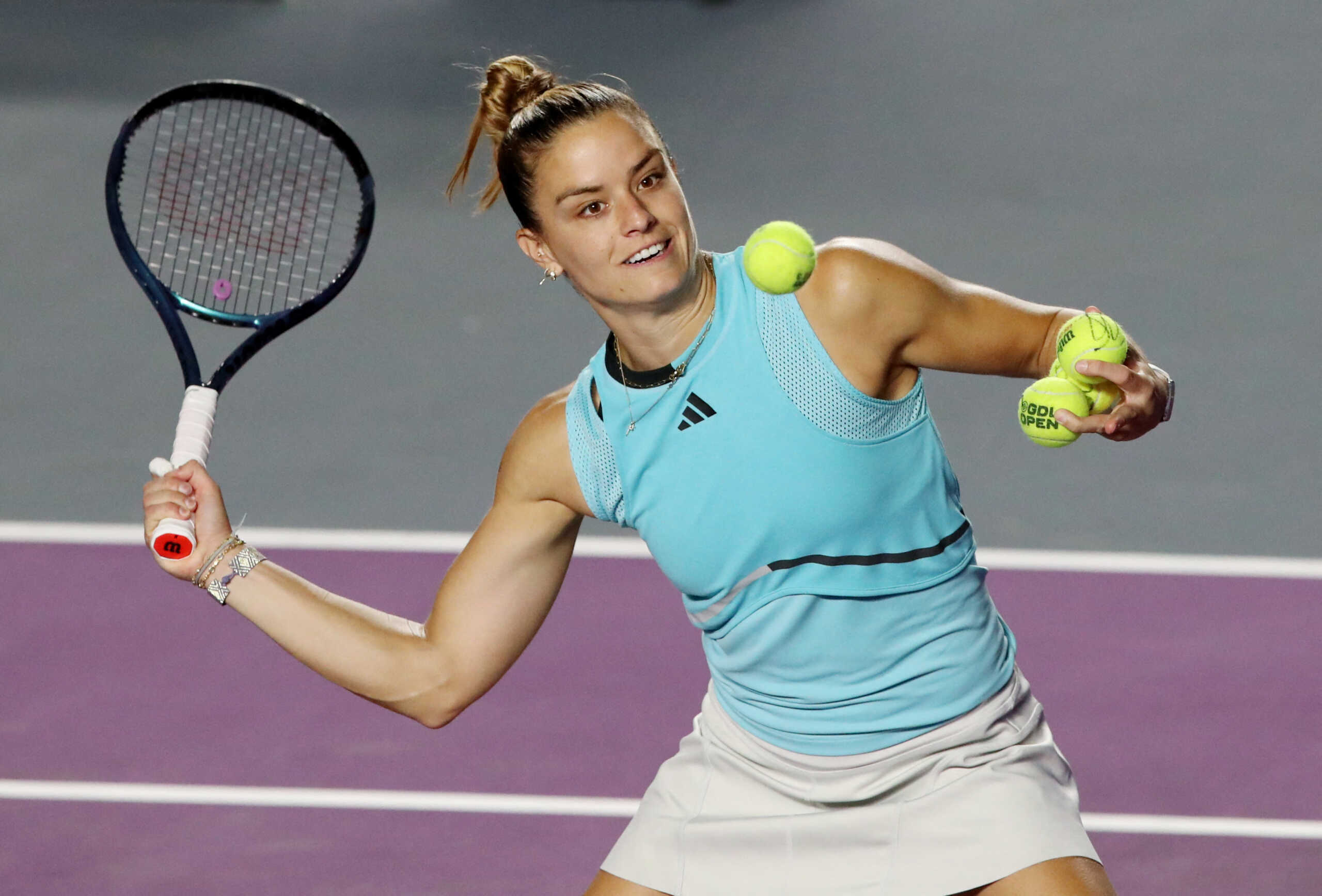 Tennis - WTA 1000 - Guadalajara Open - Panamerican Tennis Center, Guadalajara, Mexico - September 22, 2023 Greece's Maria Sakkari celebrates after winning her semi final match against France's Caroline Garcia REUTERS