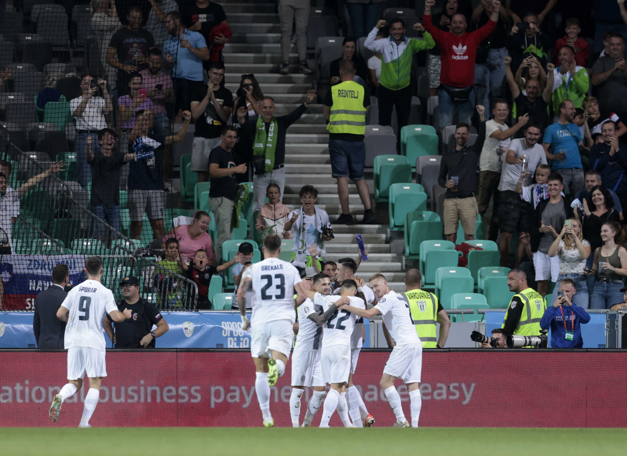 Soccer Football - Euro 2024 Qualifier - Group H - Slovenia v Northern Ireland - Stozice Stadium, Ljubljana, Slovenia - September 7, 2023 Slovenia's Benjamin Sesko celebrates scoring their third goal with teammates REUTERS