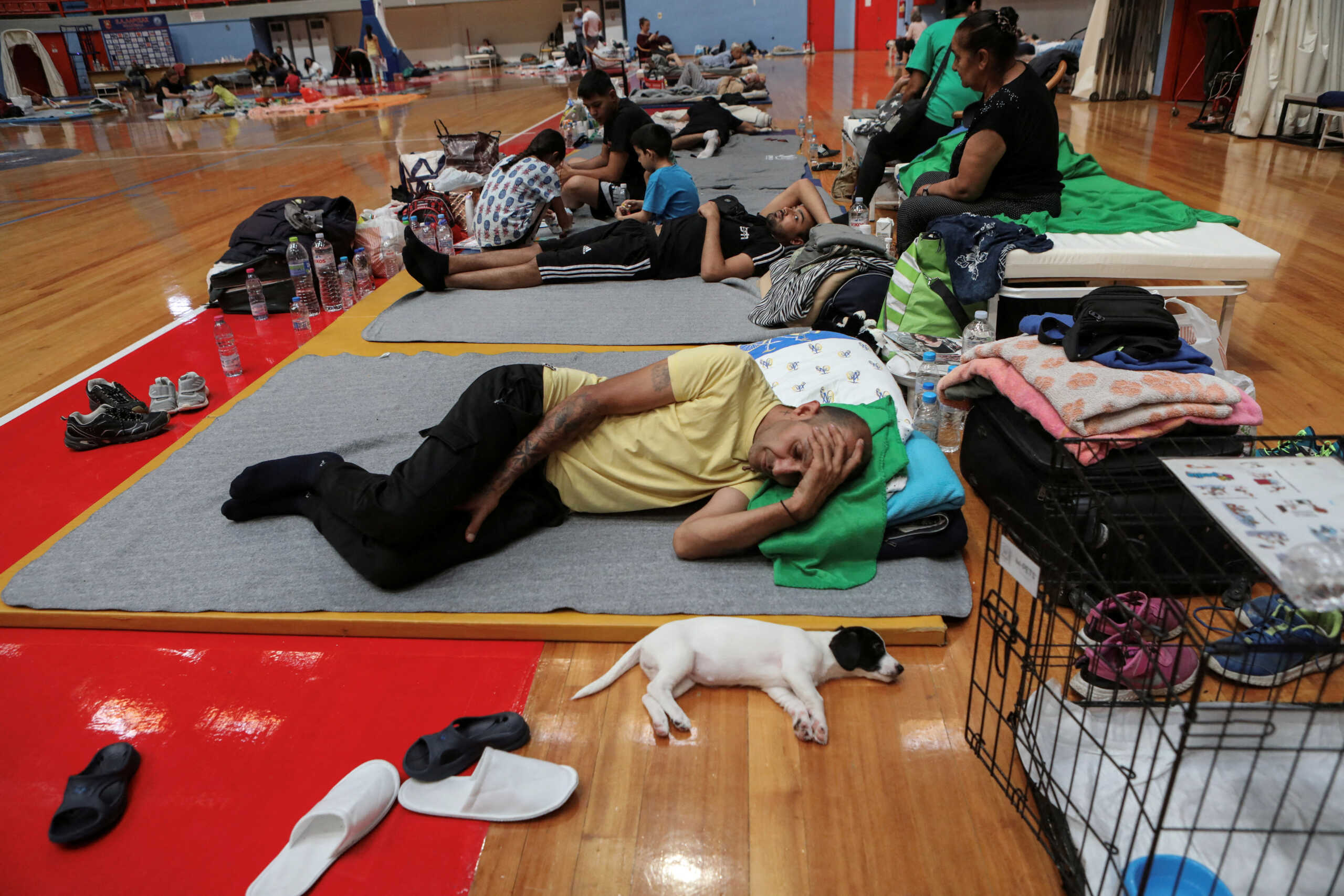A man and his dog find shelter in an indoor stadium after being evacuated from flooded areas, in the aftermath of Storm Daniel, in Larissa, Greece, September 10, 2023. REUTERS