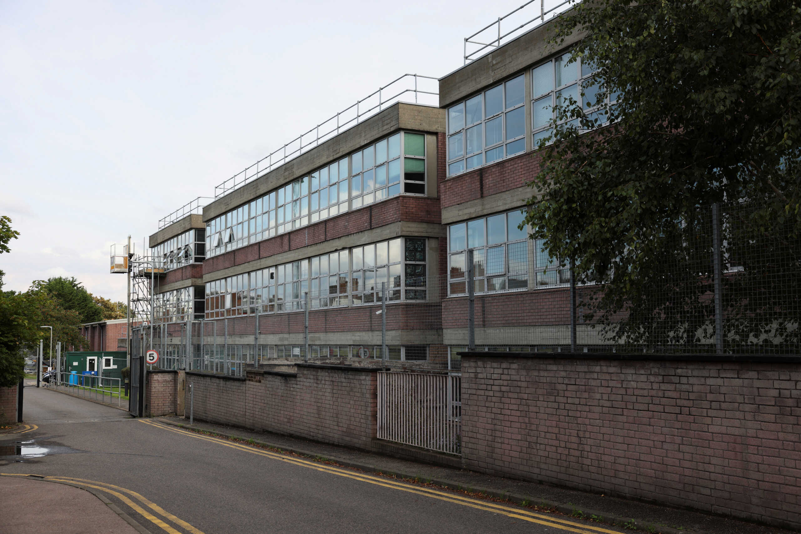 A view of scaffolding outside Hornsey School for Girls, in London, Britain, September 1, 2023. REUTERS
