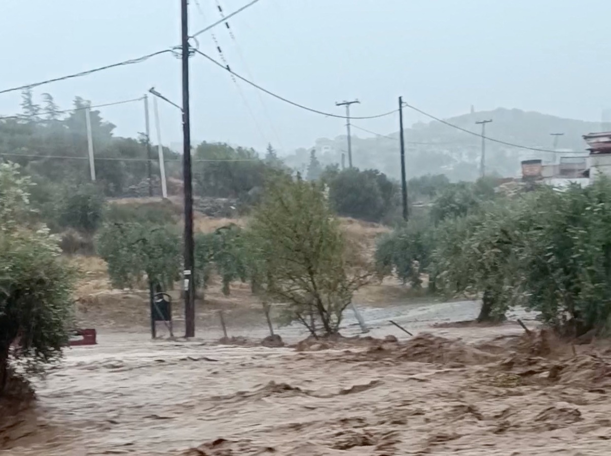 A view of a flooded street during a storm in the city of Volos, Greece, September 5, 2023, in this screen grab obtained from a social media video. Katerina Str