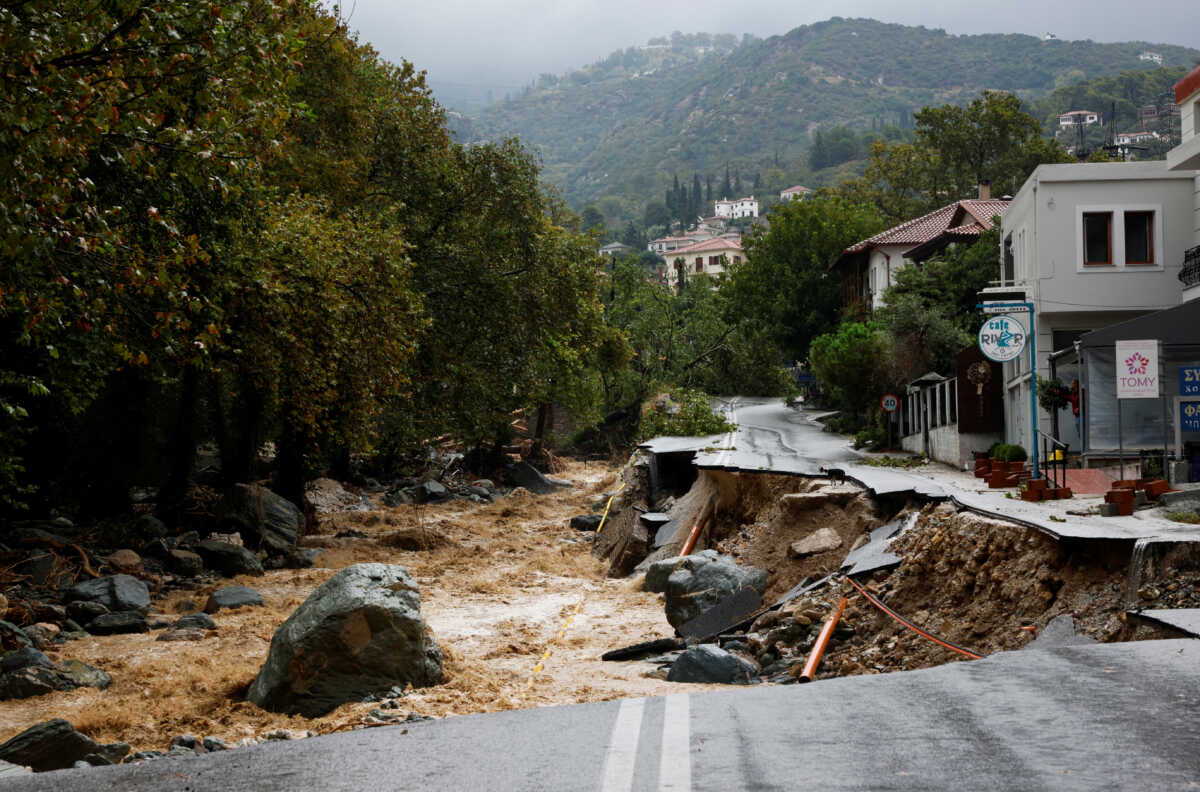 A view of a road destroyed due to the impact of storm Daniel, near a nursing home in the city of Volos, Greece, September 6, 2023. REUTERS