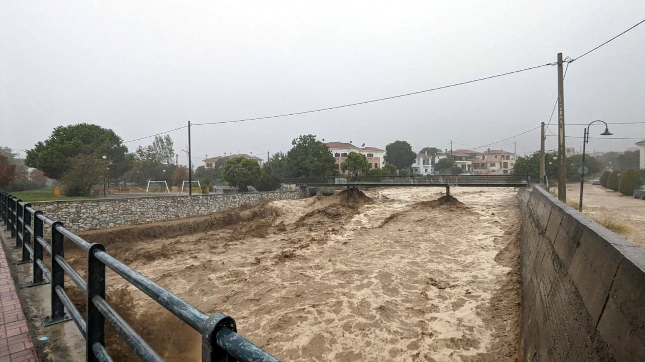 Stream waters rise during a heavy storm in the city of Volos, Greece, September 5, 2023. REUTERS