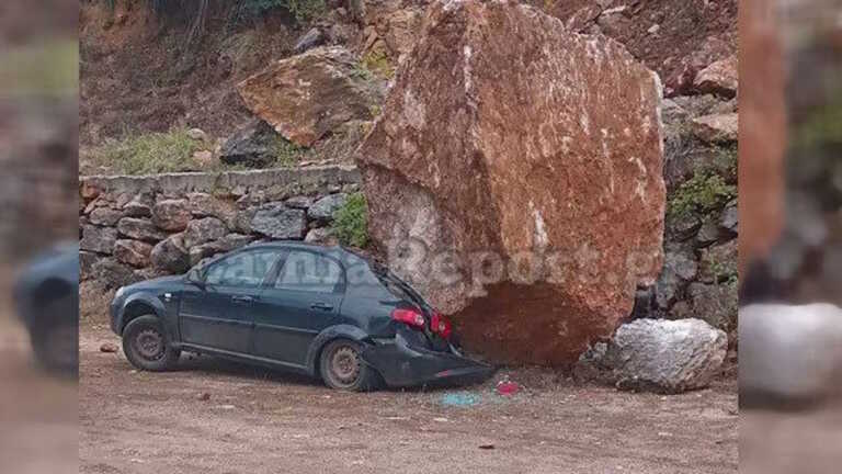 Βράχος καταπλάκωσε αυτοκίνητο έξω από μοναστήρι στη Λαμία