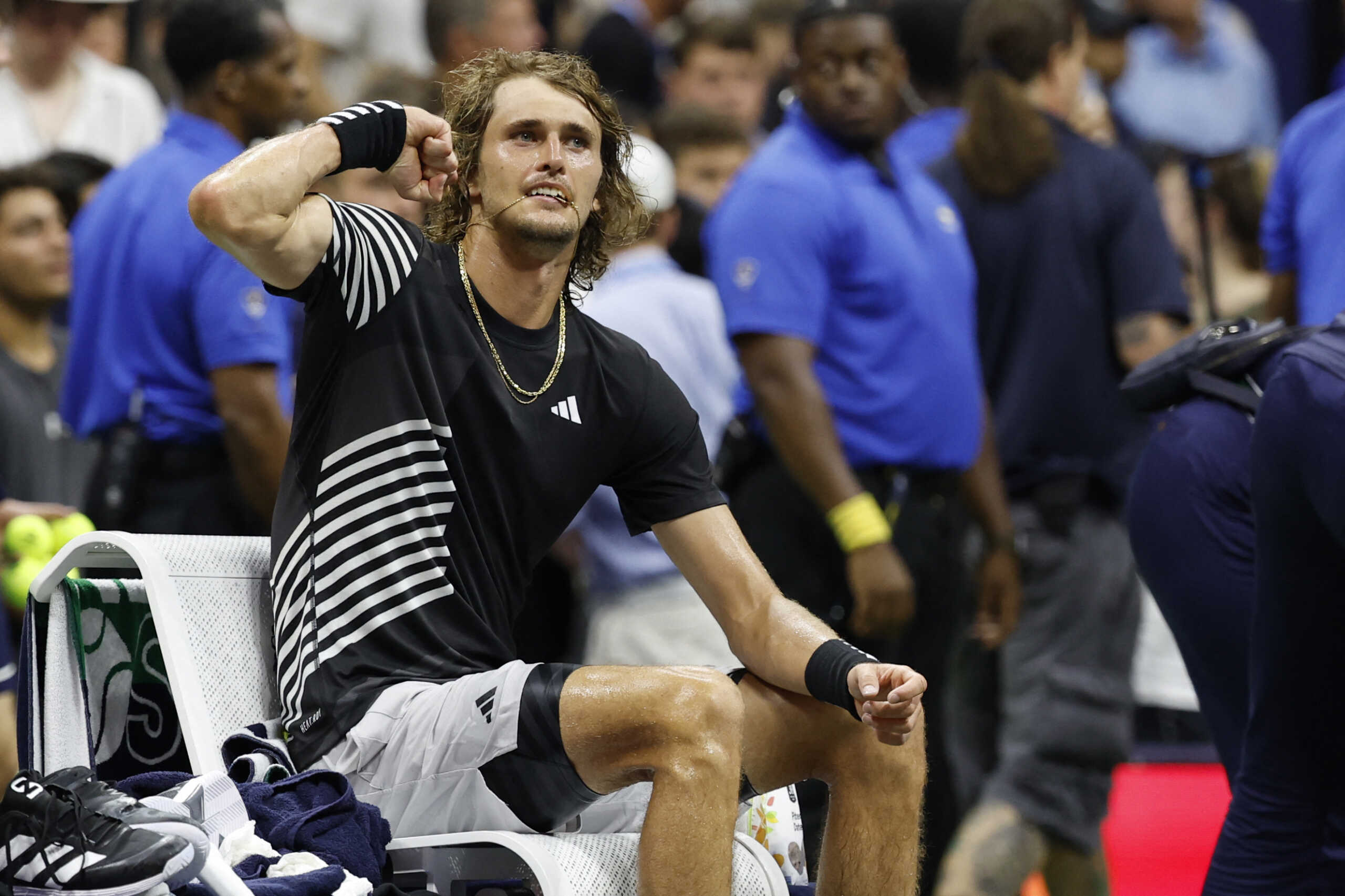 Sep 4, 2023; Flushing, NY, USA; Alexander Zverev of Germany reacts after his match against Jannik Sinner of Italy (not pictured) on day eight of the 2023 U.S. Open tennis tournament at USTA Billie Jean King National Tennis Center. Mandatory Credit: Geoff Burke-USA TODAY Sports