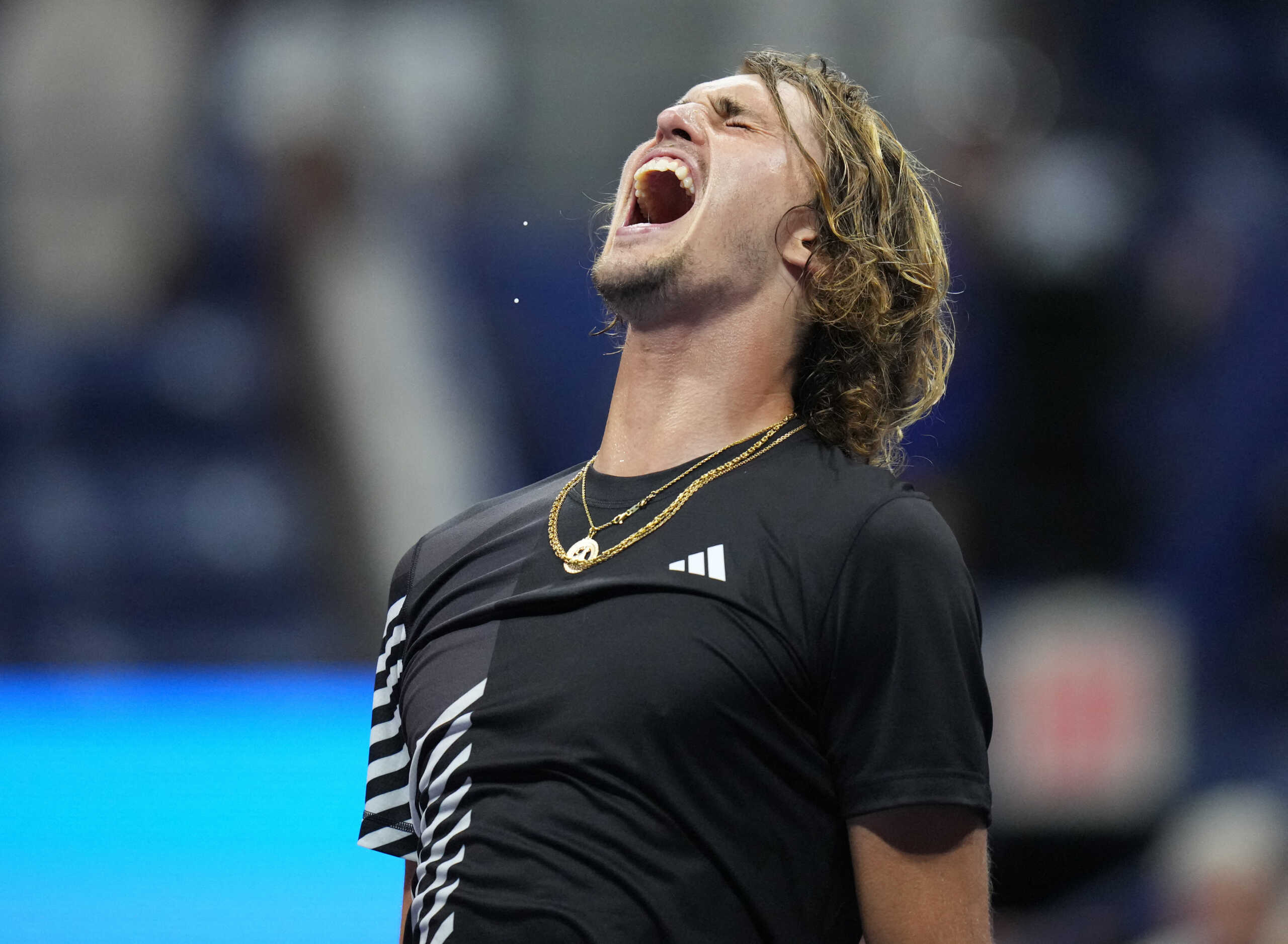 Sep 4, 2023; Flushing, NY, USA;  Alexander Zverev of Germany reacts after defeating Jannik Sinner of Italy on day eight of the 2023 U.S. Open tennis tournament at USTA Billie Jean King National Tennis Center. Mandatory Credit: Danielle Parhizkaran-USA TODAY Sports