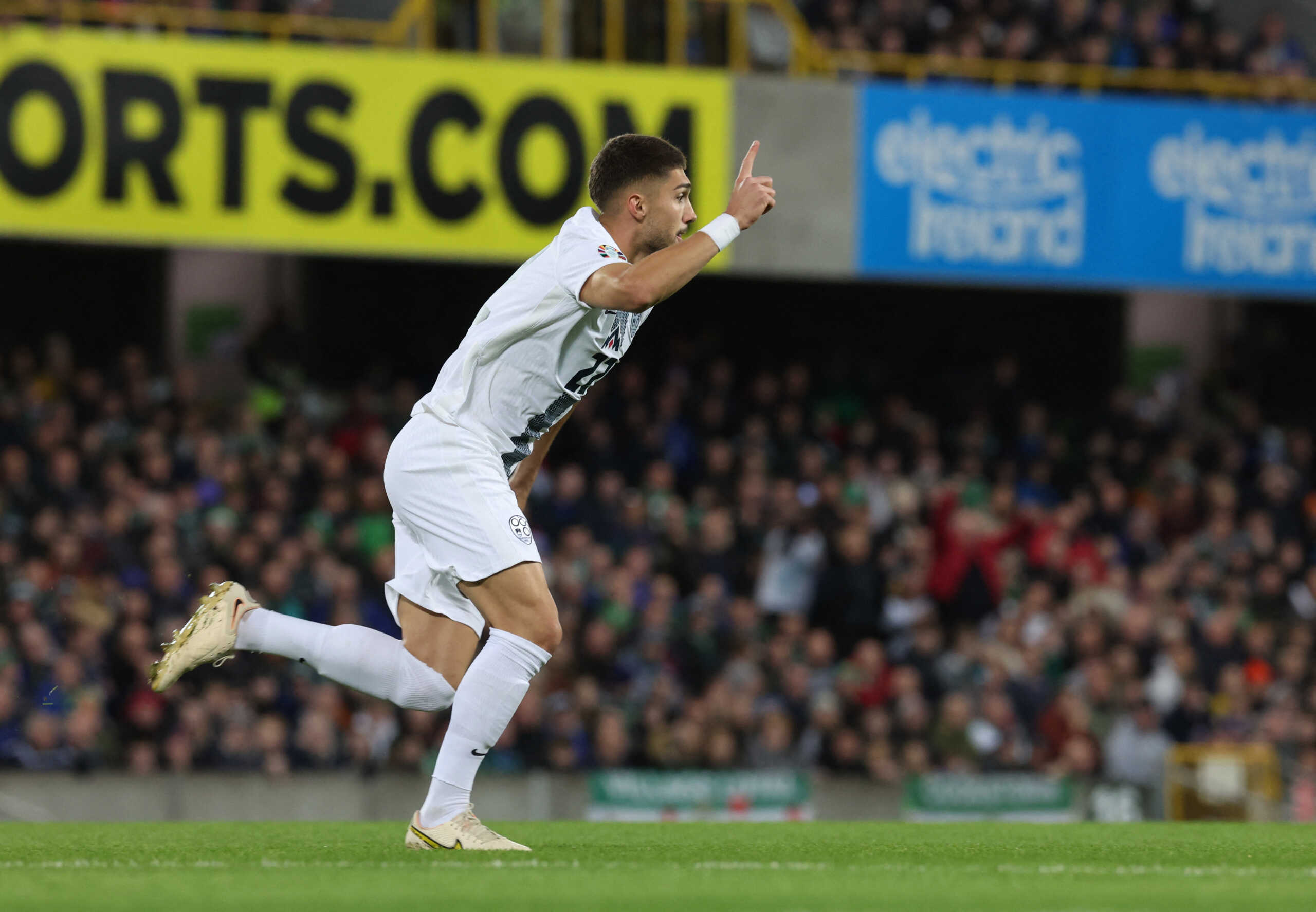 Soccer Football - Euro 2024 Qualifier - Group H - Northern Ireland v Slovenia - Windsor Park, Belfast, Northern Ireland - October 17, 2023 Slovenia's Adam Gnezda Cerin celebrates scoring their first goal REUTERS