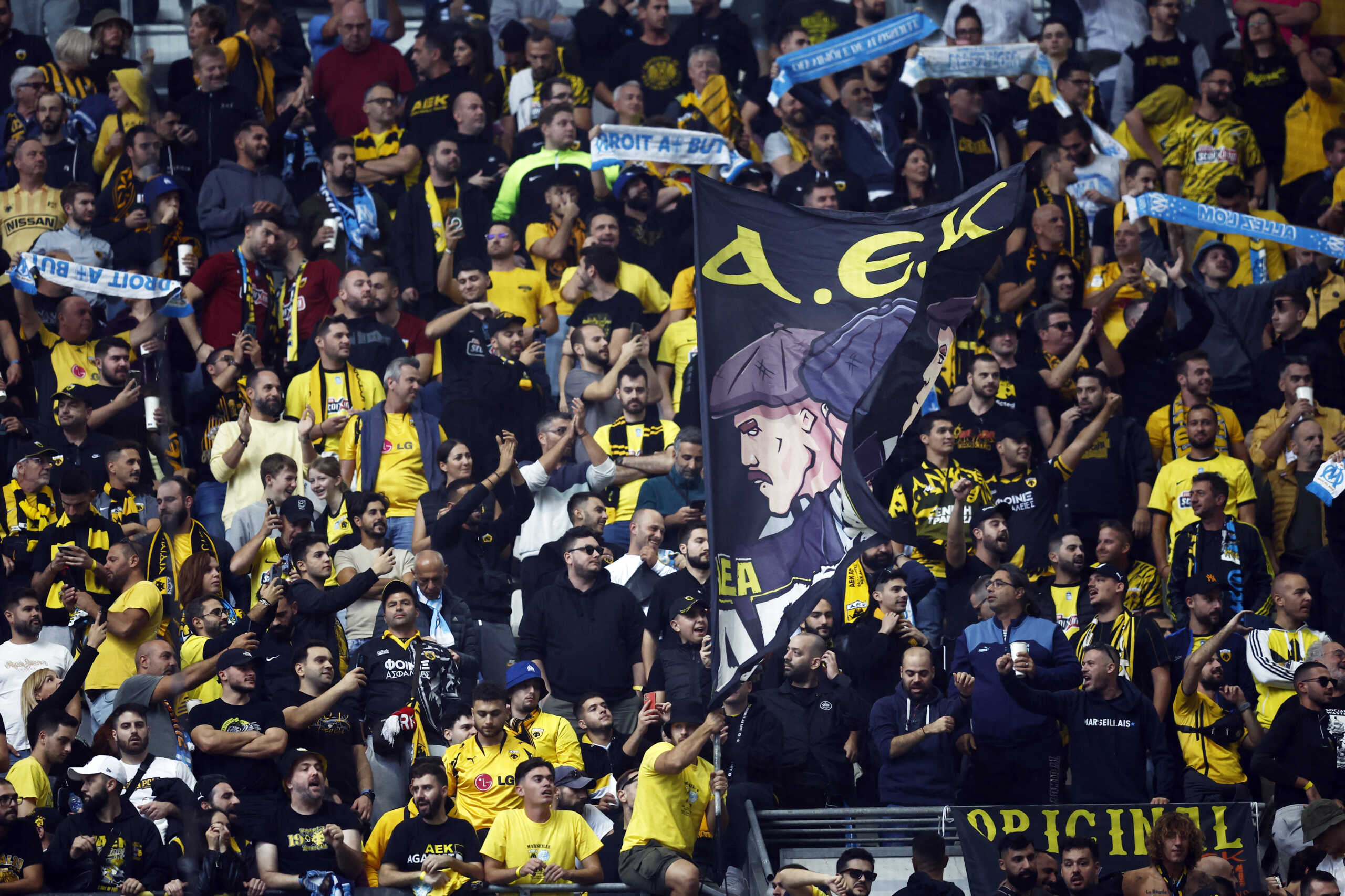 Soccer Football - Europa League - Group B - Olympique de Marseille v AEK Athens - Orange Velodrome, Marseille, France - October 26, 2023 AEK Athens fans inside the stadium before the match REUTERS