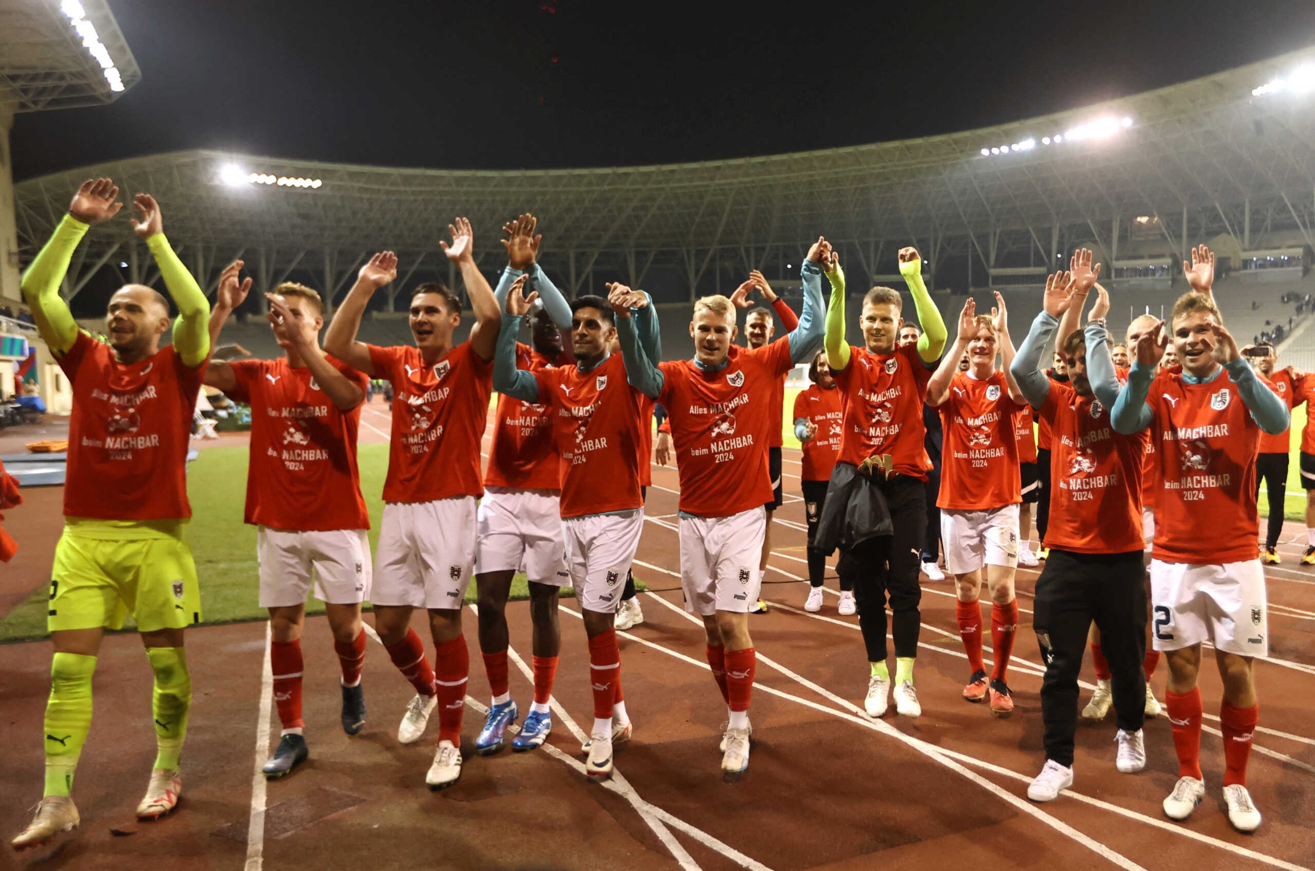Soccer Football - Euro 2024 Qualifier - Group F - Azerbaijan v Austria - Tofiq Bahramov Republican Stadium, Baku, Azerbaijan - October 16, 2023 Austria players celebrate after the match REUTERS