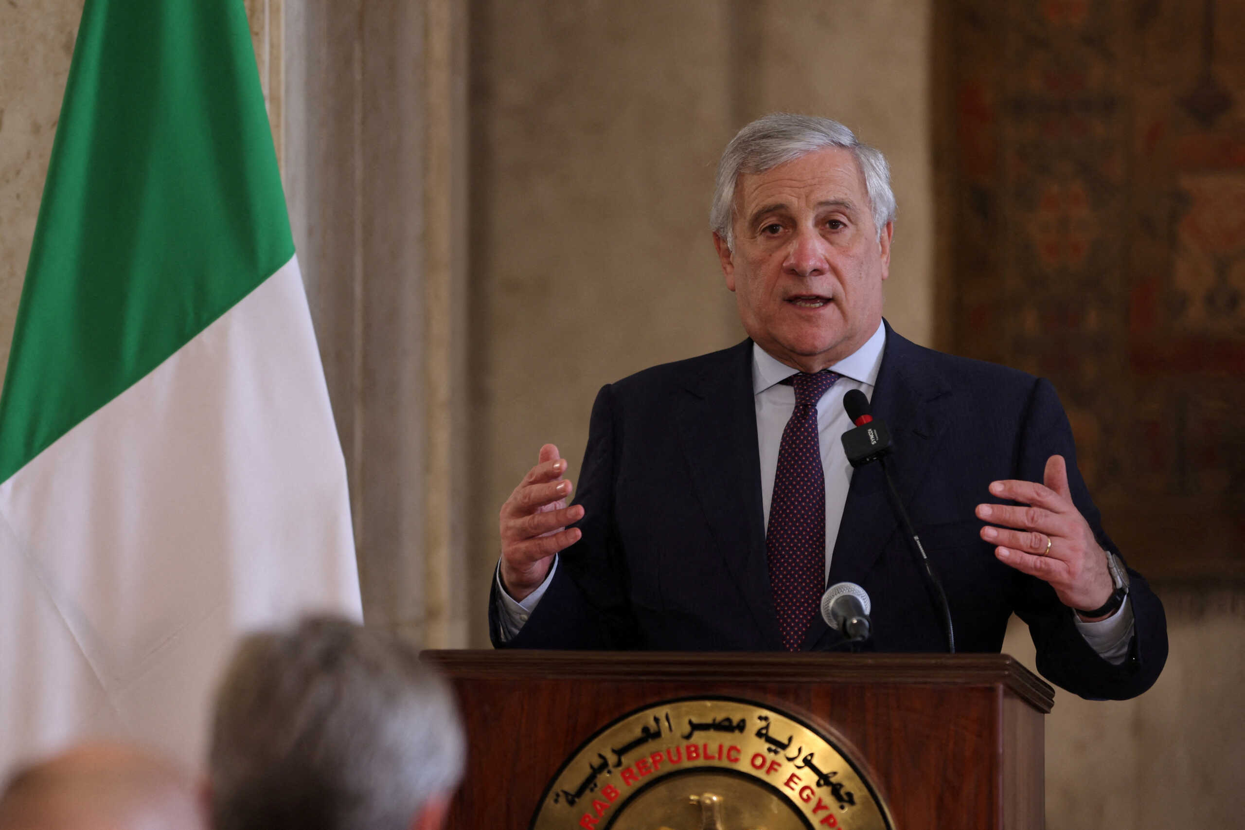 FILE PHOTO: Italian Foreign Minister Antonio Tajani speaks as he attends a press conference with Egyptian Foreign Minister Sameh Shoukry (not pictured), in Cairo, Egypt, October 11, 2023. REUTERS