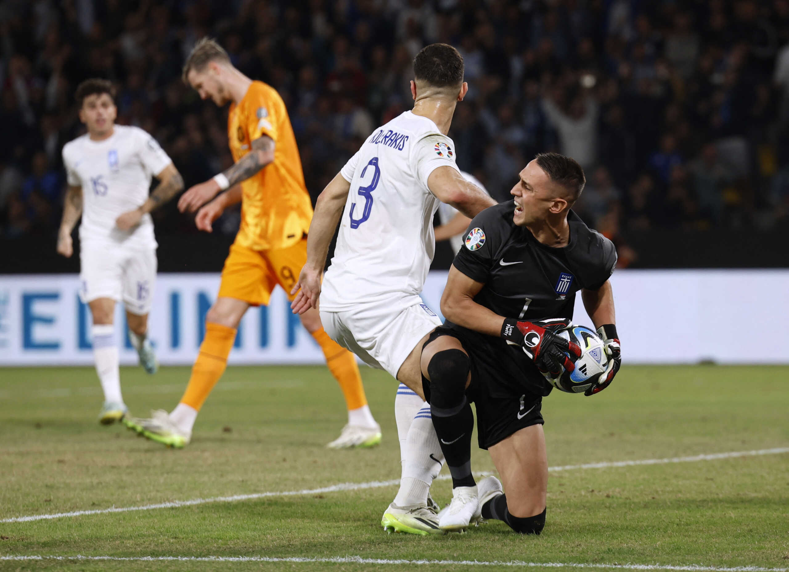 Soccer Football - Euro 2024 Qualifier - Group B - Greece v Netherlands - Agia Sophia Stadium, Athens, Greece - October 16, 2023 Greece's Odisseas Vlachodimos celebrates after saving a penalty from Netherlands' Wout Weghorst REUTERS
