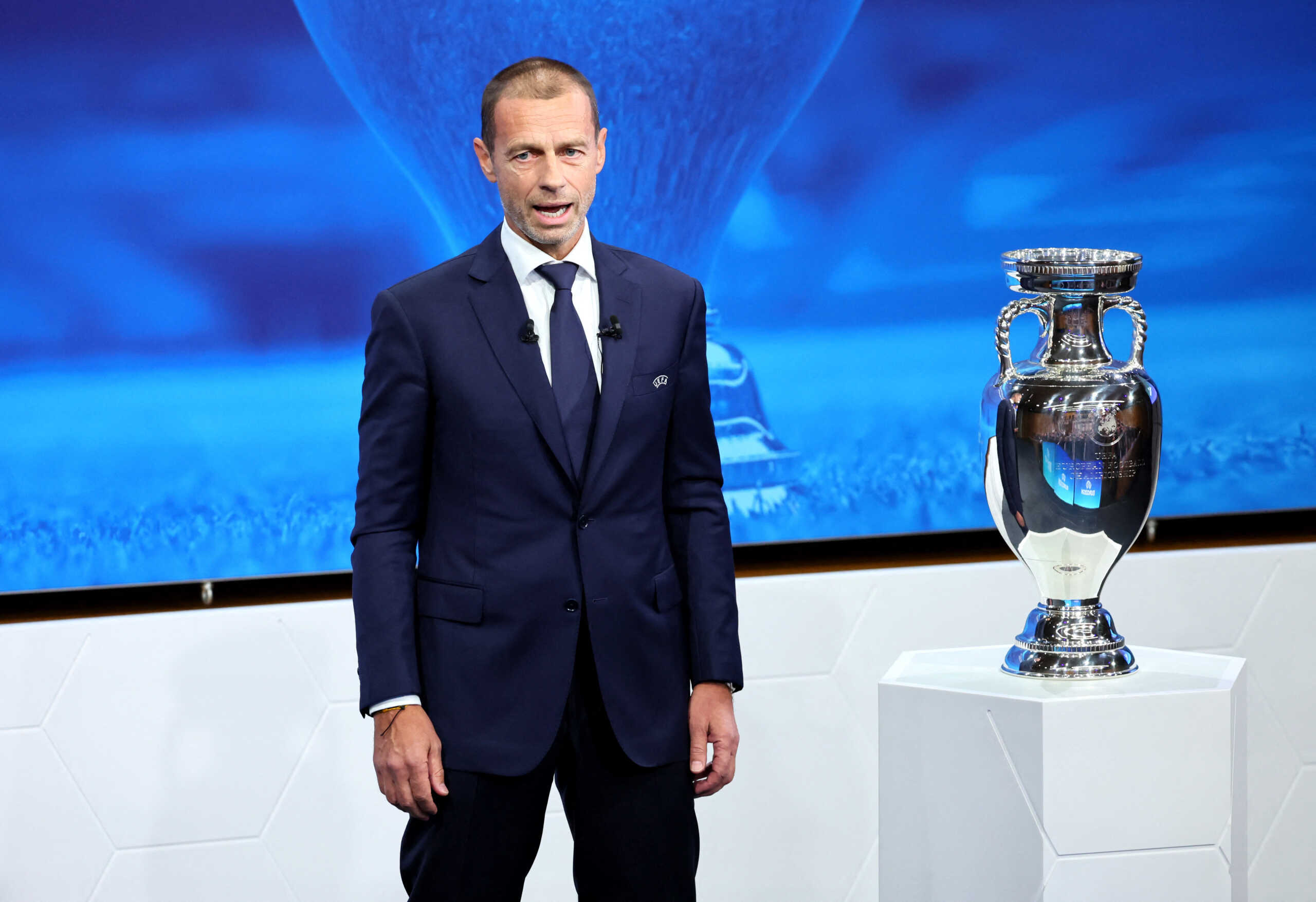 Soccer Football - Euro 2028 & Euro 2032 Hosts Announcement - Nyon, Switzerland - October 10, 2023 UEFA president Aleksander Ceferin during the announcement REUTERS