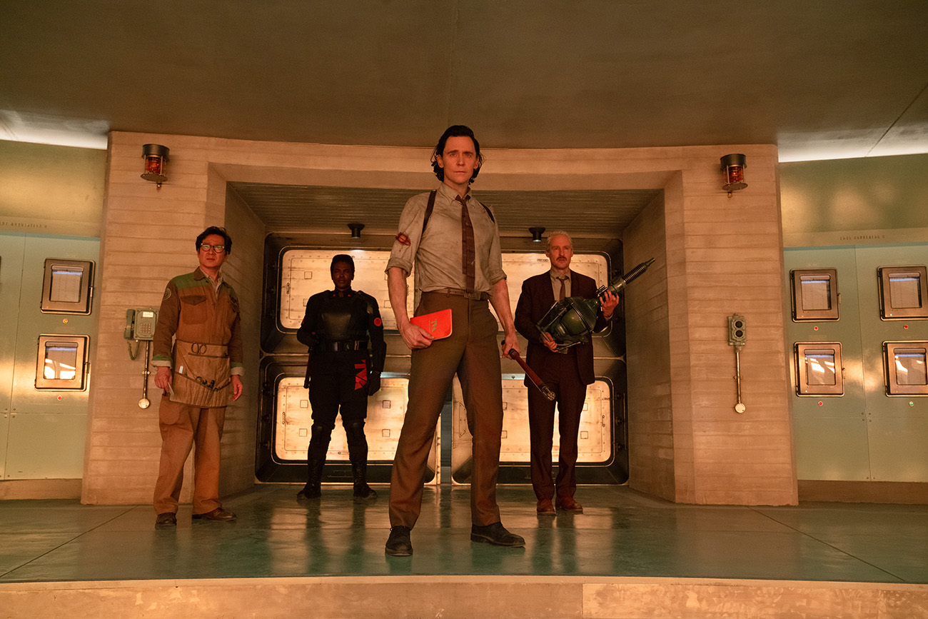 (L-R): Ke Huy Quan as O.B., Wunmi Mosaku as Hunter B-15, Tom Hiddleston as Loki, and Owen Wilson as Mobius in Marvel Studios' LOKI, Season 2, exclusively on Disney+. Photo by Gareth Gatrell. © 2023 MARVEL.