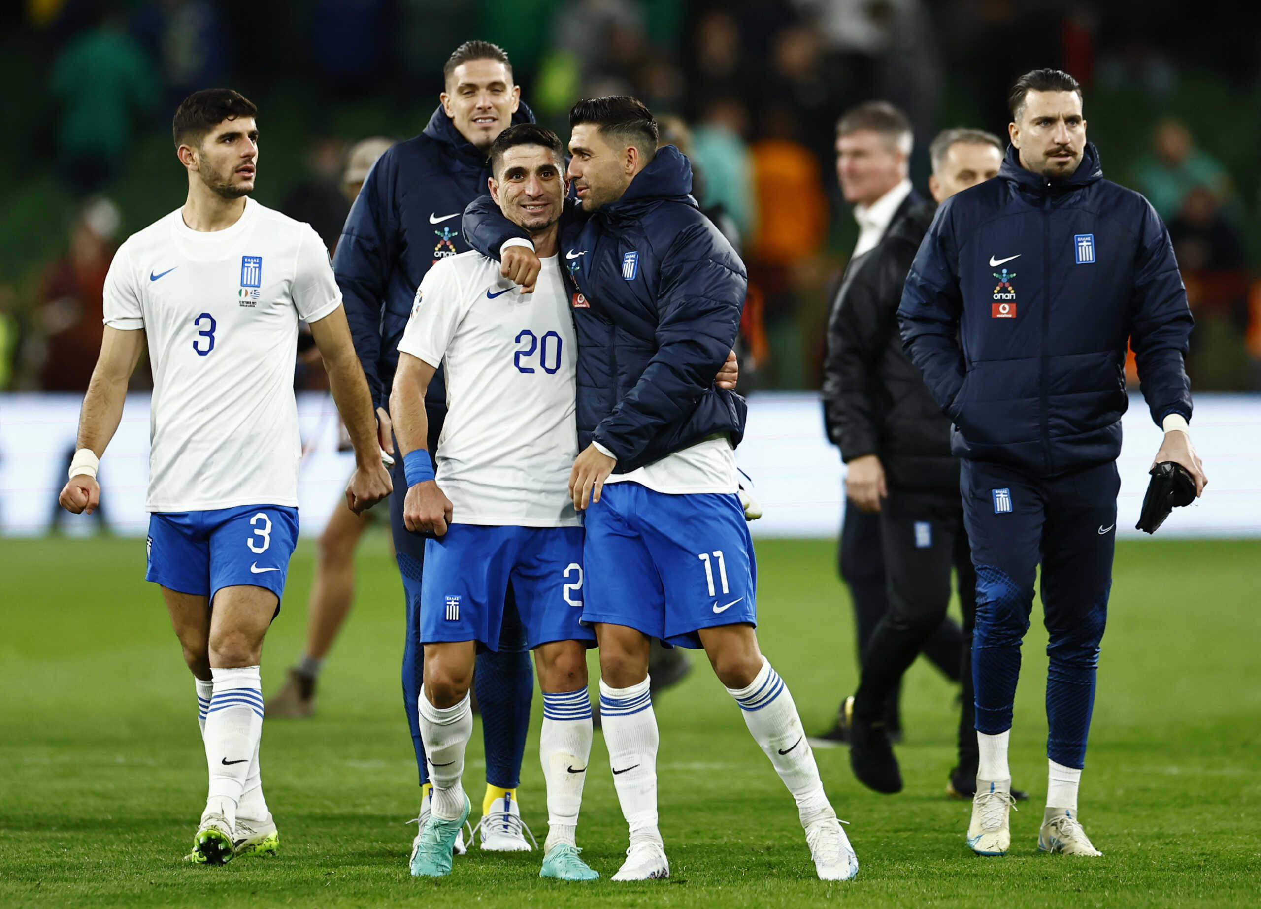 Soccer Football - Euro 2024 Qualifier - Group B - Republic of Ireland v Greece - Aviva Stadium, Dublin, Ireland - October 13, 2023 Greece's Petros Mantalos and Anastasios Bakasetas celebrate after the match REUTERS