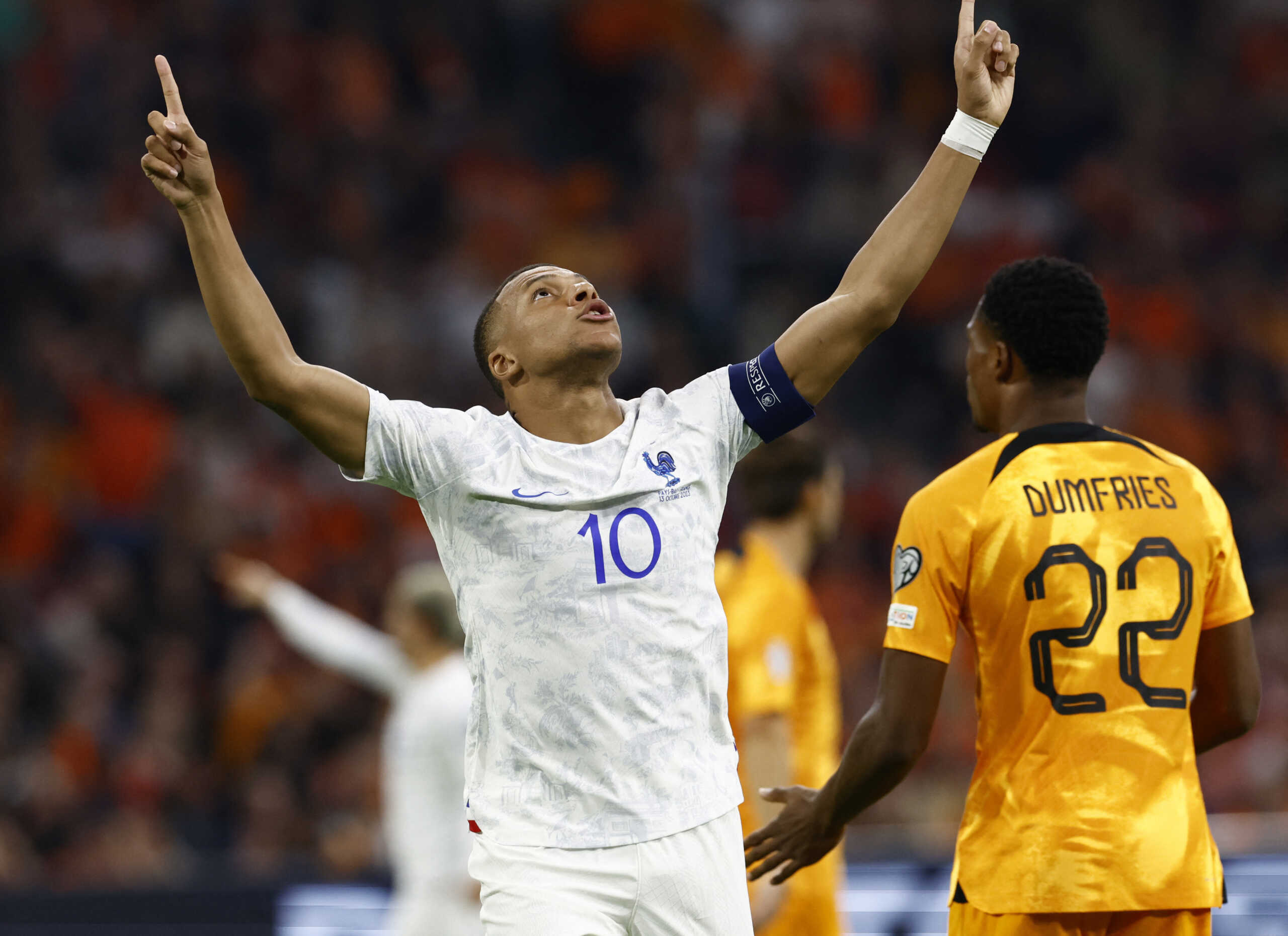 Soccer Football - Euro 2024 Qualifier - Group B - Netherlands v France - Johan Cruyff Arena, Amsterdam, Netherlands - October 13, 2023 France's Kylian Mbappe celebrates scoring their first goal REUTERS