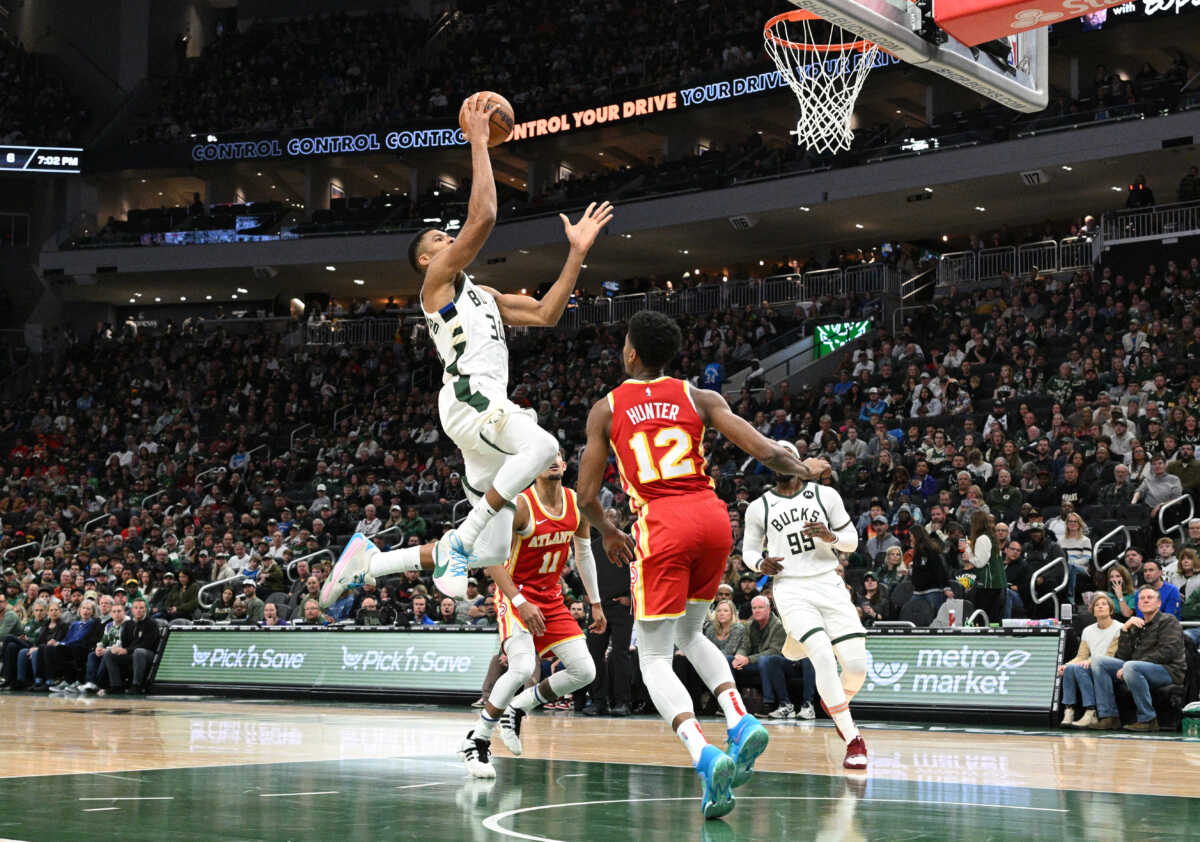 Oct 29, 2023; Milwaukee, Wisconsin, USA; Milwaukee Bucks forward Giannis Antetokounmpo (34) drives to the basket against the Atlanta Hawks in the second quarter at Fiserv Forum. Mandatory Credit: Michael McLoone-USA TODAY Sports
