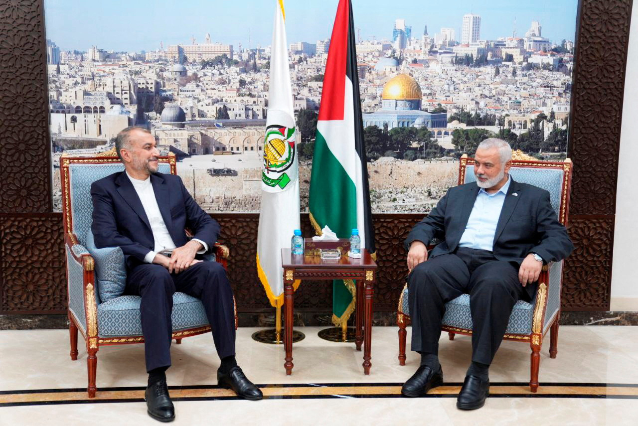 Iran's Foreign Minister Hossein Amir Abdollahian meets with Palestinian group Hamas' top leader, Ismail Haniyeh in Doha, Qatar October 14, 2023. Iran's Foreign Ministry