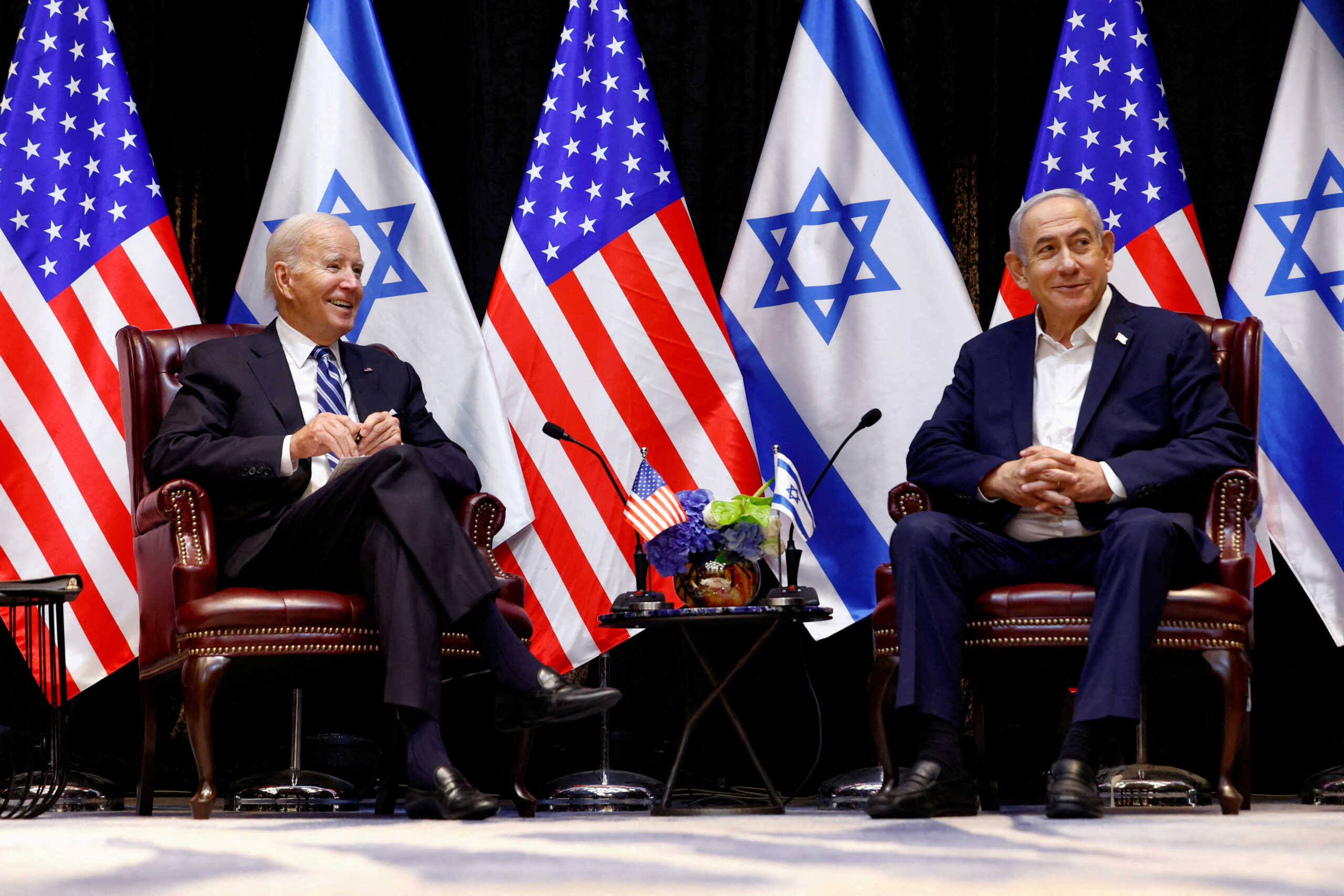 FILE PHOTO: U.S. President Joe Biden has demonstrated unwavering support for Israel's security over a half century in public life. In this photo,  Biden meets with Israeli Prime Minister Benjamin Netanyahu and the Israeli war cabinet, as he visits Israel amid the ongoing conflict between Israel and Hamas, in Tel Aviv, Israel, October 18, 2023. REUTERS