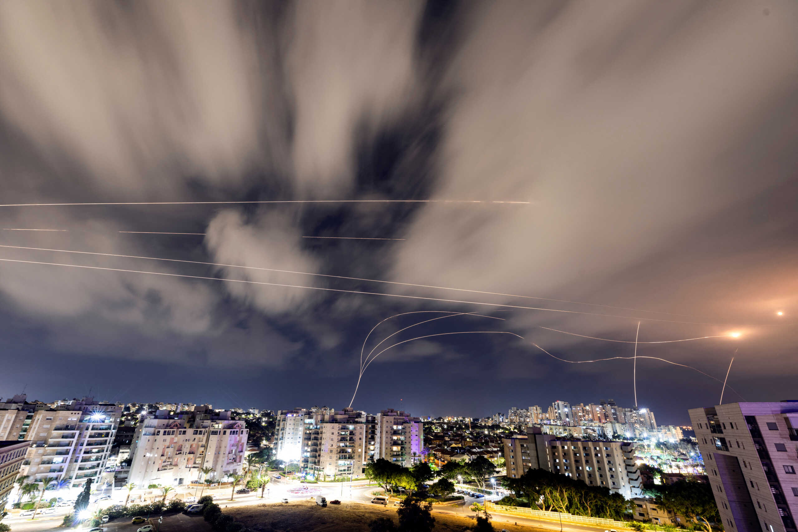 Israel's Iron Dome anti-missile system intercepts rockets launched from the Gaza Strip, as seen from Ashkelon, in southern Israel, October 14, 2023. REUTERS