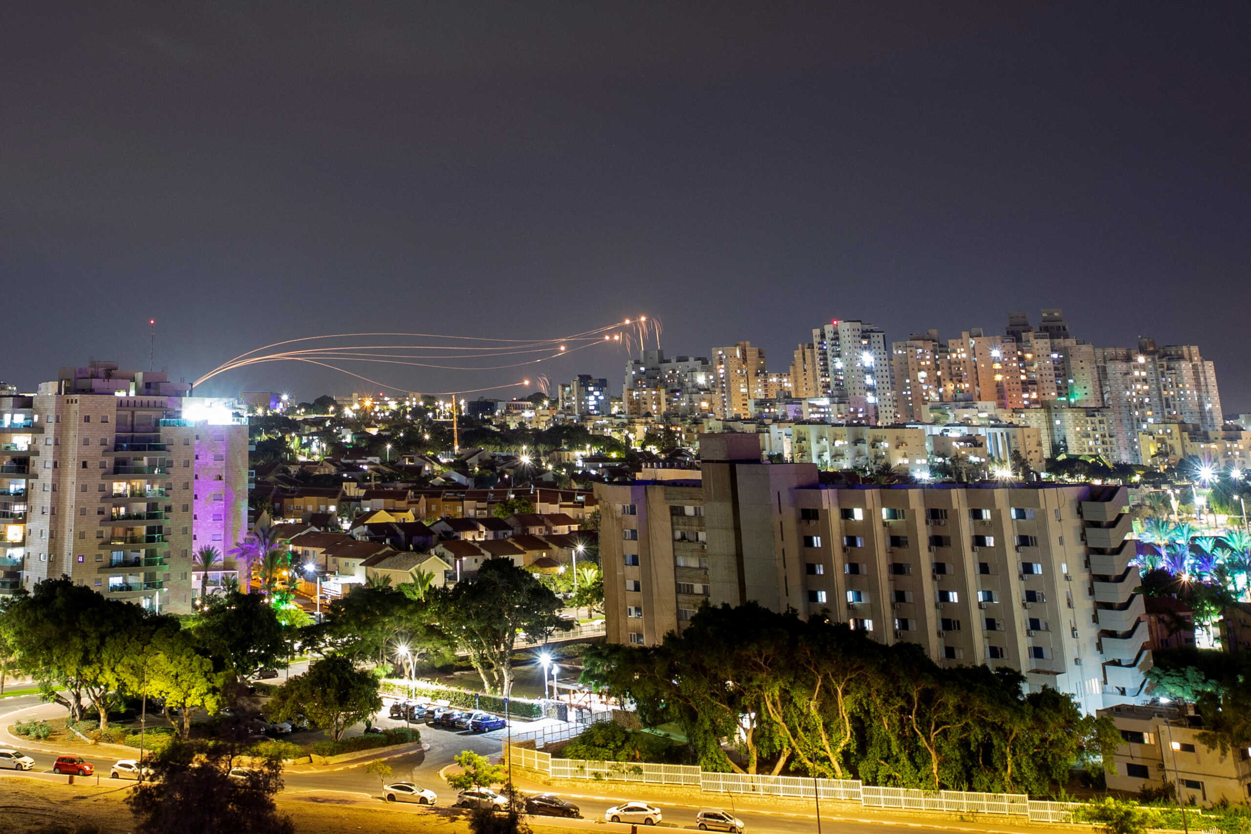 Israel's Iron Dome anti-missile system intercepts rockets launched from the Gaza Strip, as seen from Ashkelon in southern Israel October 7, 2023. REUTERS