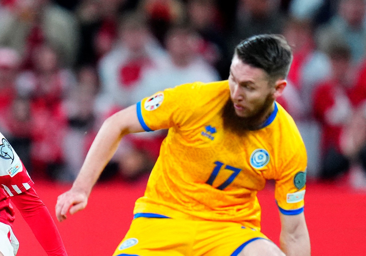 Soccer Football - Euro 2024 Qualifier - Group H - Denmark v Kazakhstan - Parken Stadium, Copenhagen, Denmark - October 14, 2021 Kazakhstan's Abat Aymbetov in action with Denmark's Andreas Christensen Liselotte Sabroe