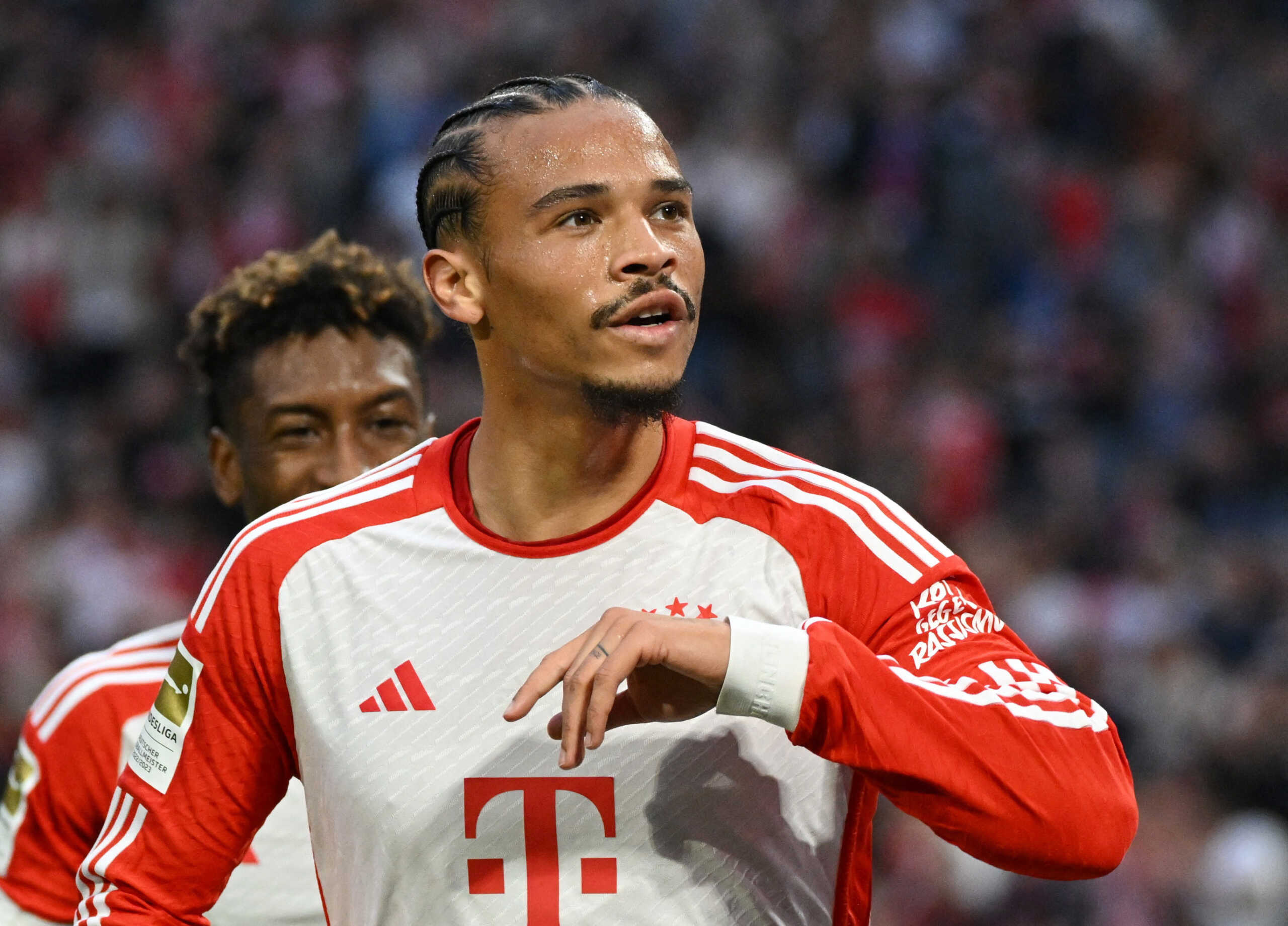 Soccer Football - Bundesliga - Bayern Munich v SC Freiburg - Allianz Arena, Munich, Germany - October 8, 2023 Bayern Munich's Leroy Sane celebrates a goal before it is disallowed following a VAR review REUTERS