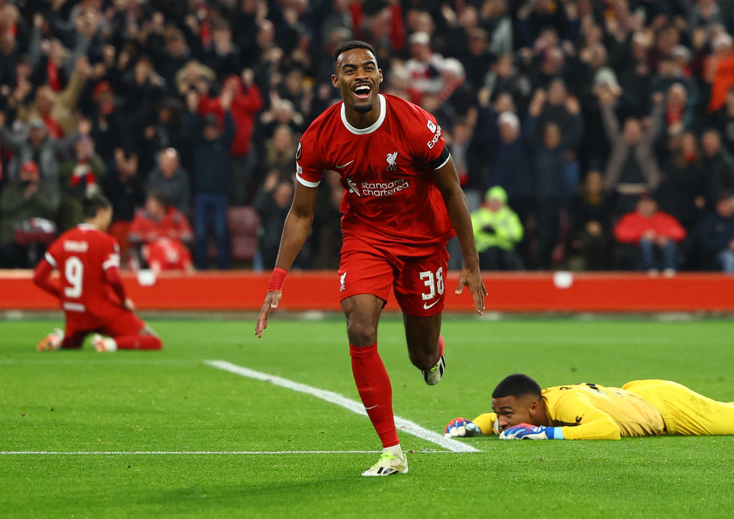 Soccer Football - Europa League - Group E - Liverpool v Toulouse - Anfield, Liverpool, Britain - October 26, 2023  Liverpool's Ryan Gravenberch celebrates scoring their fourth goal REUTERS