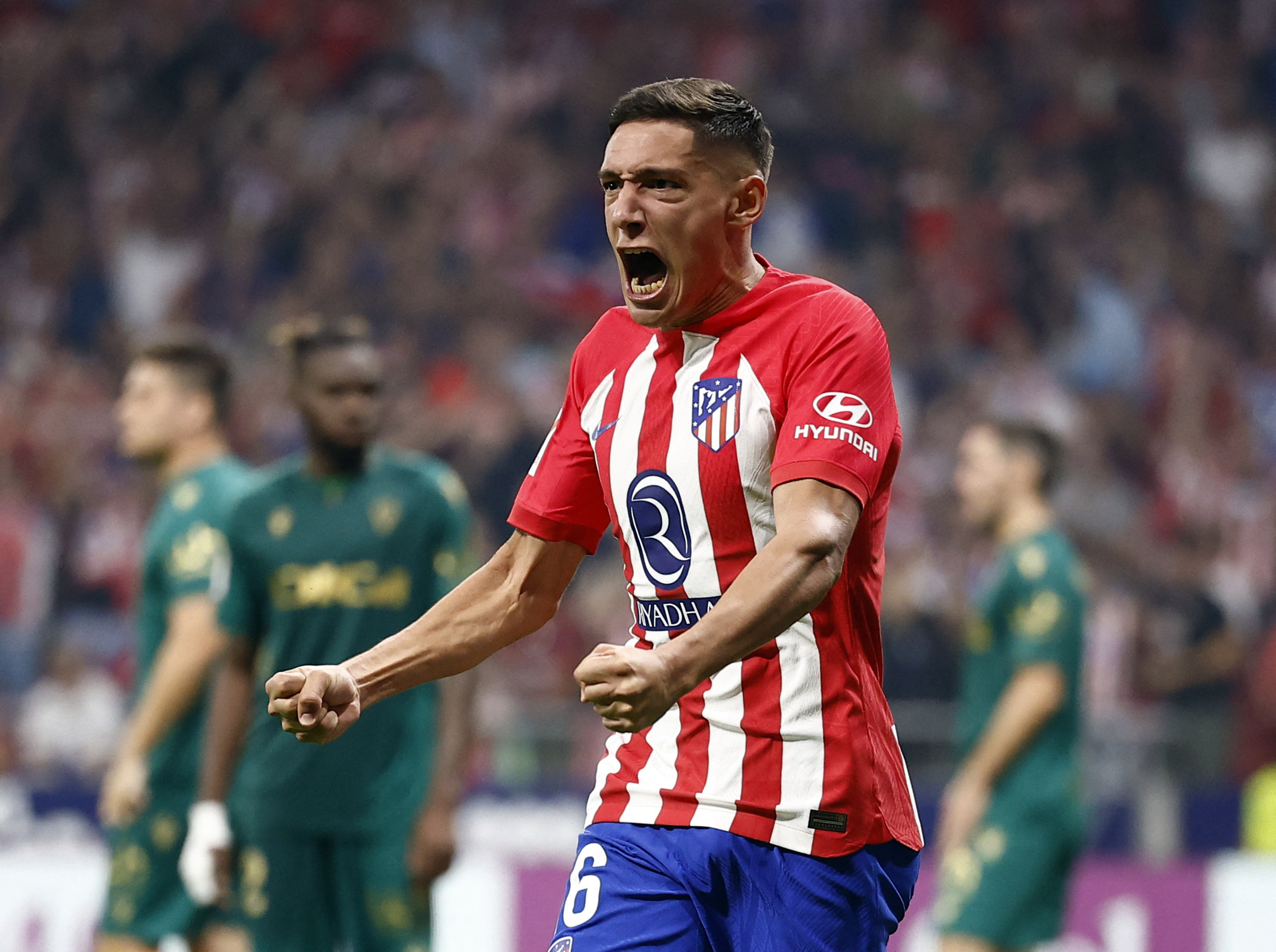 Soccer Football - LaLiga - Atletico Madrid v Cadiz - Metropolitano, Madrid, Spain - October 1, 2023 Atletico Madrid's Nahuel Molina celebrates scoring their second goal REUTERS