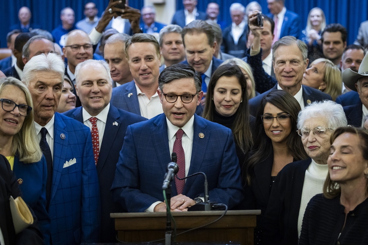 epa10937424 Republican lawmaker from Louisiana Mike Johnson (C), surrounded by fellow Republicans, speaks to reporters after they voted him as their next speaker nominee in the Longworth House Office Building in Washington, DC, USA, 24 October 2023. The House of Representatives has gone more than three weeks without a speaker, after ousting former speaker Kevin McCarthy.  EPA