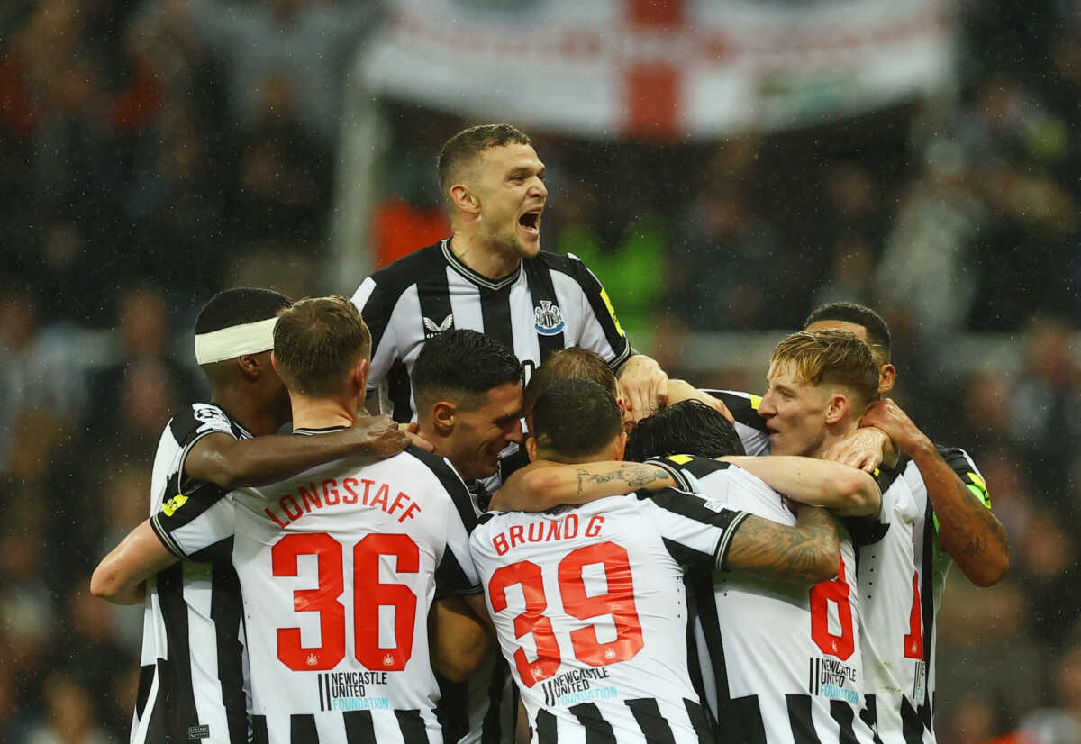 Soccer Football - Champions League - Group F - Newcastle United v Paris St Germain - St James' Park, Newcastle, Britain - October 4, 2023 Newcastle United's Dan Burn celebrates scoring their second goal with teammates Action Images via Reuters