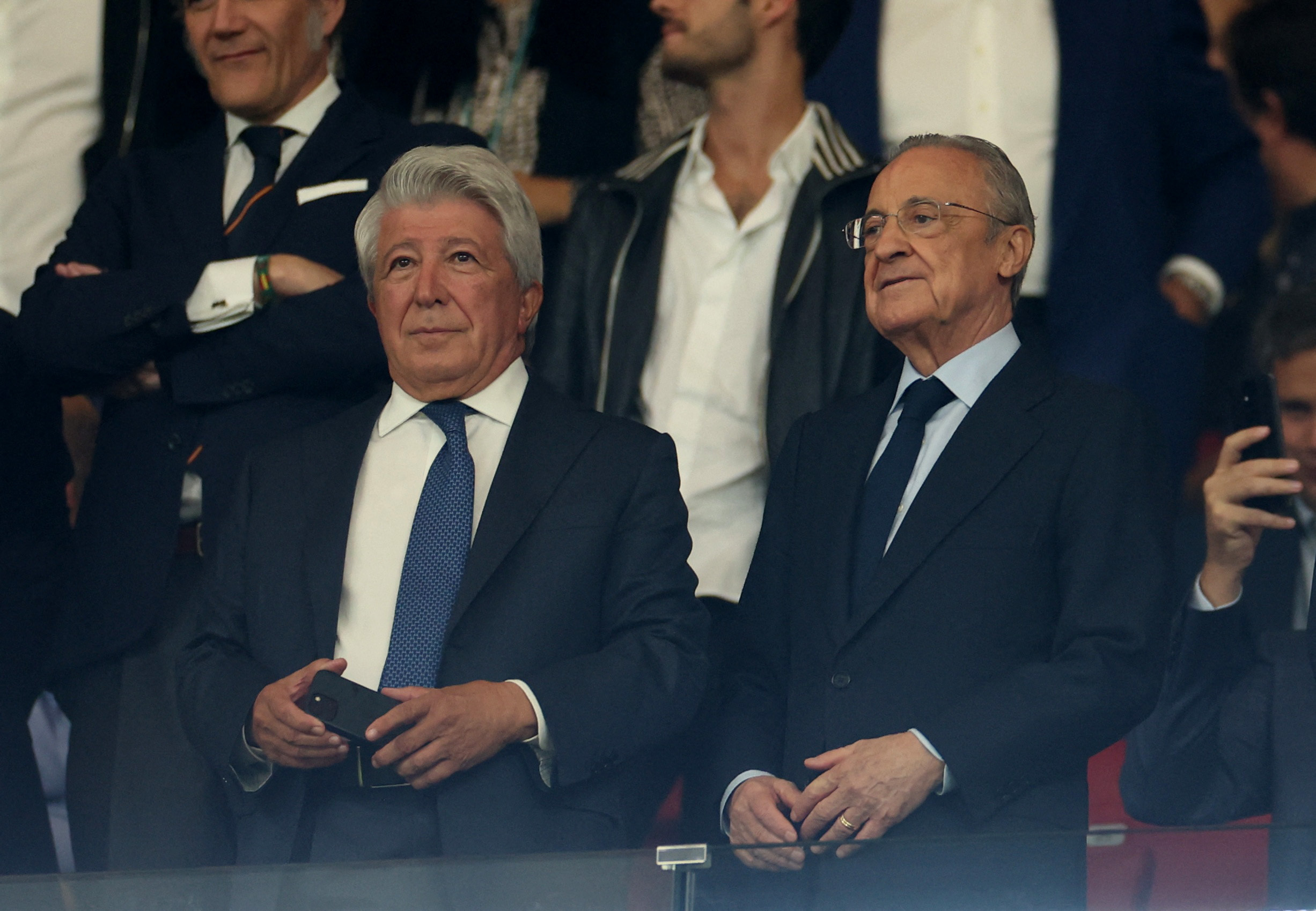 Soccer Football - LaLiga - Atletico Madrid v Real Madrid - Metropolitano, Madrid, Spain - September 24, 2023 Atletico Madrid president Enrique Cerezo and Real Madrid president Florentino Perez in the stands before the match REUTERS