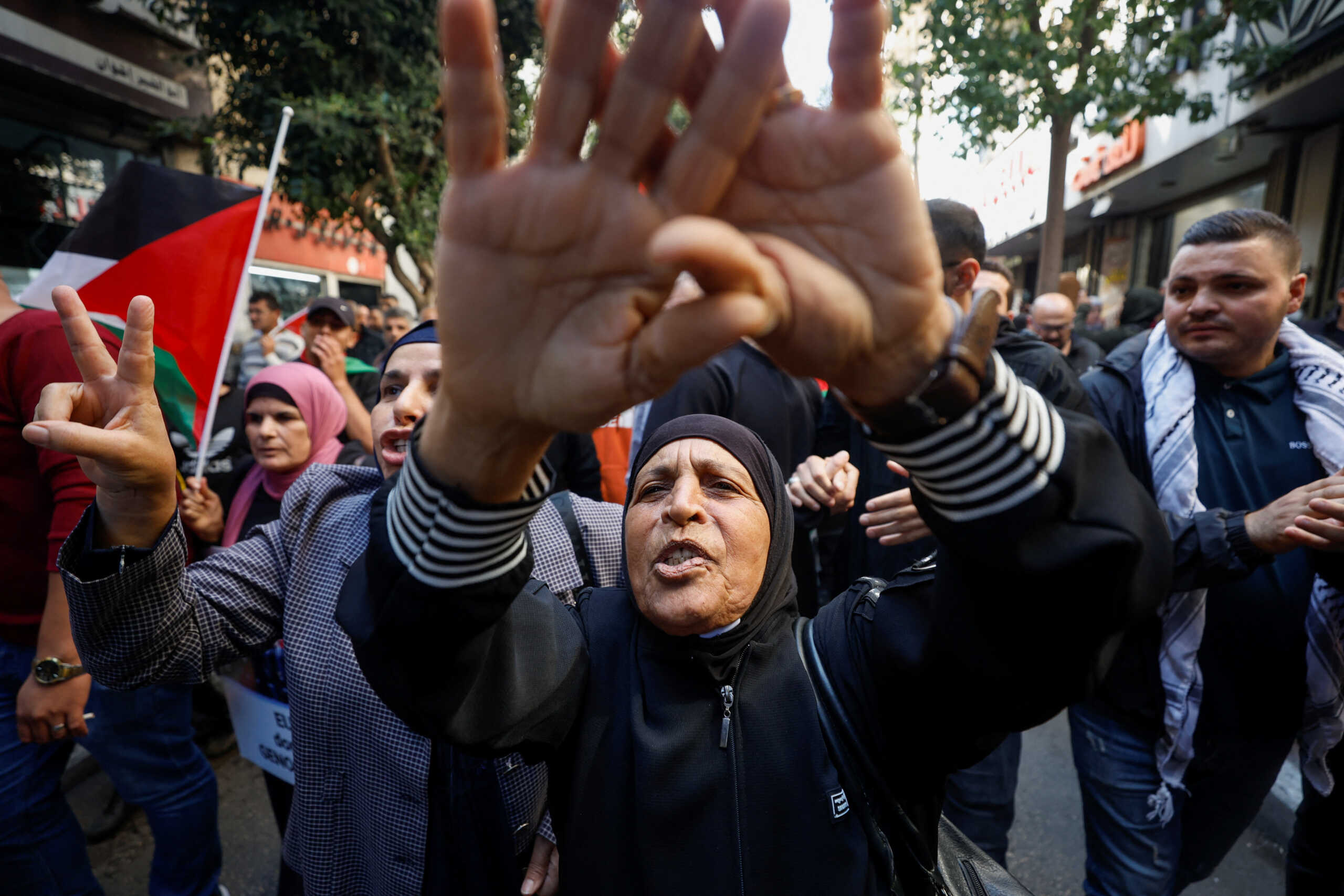 Demonstrators take part in a protest in support of Palestinians in Gaza, as the conflict between Israel and Hamas continues,  in Ramallah, in the Israeli-occupied West Bank, October 16, 2023. REUTERS