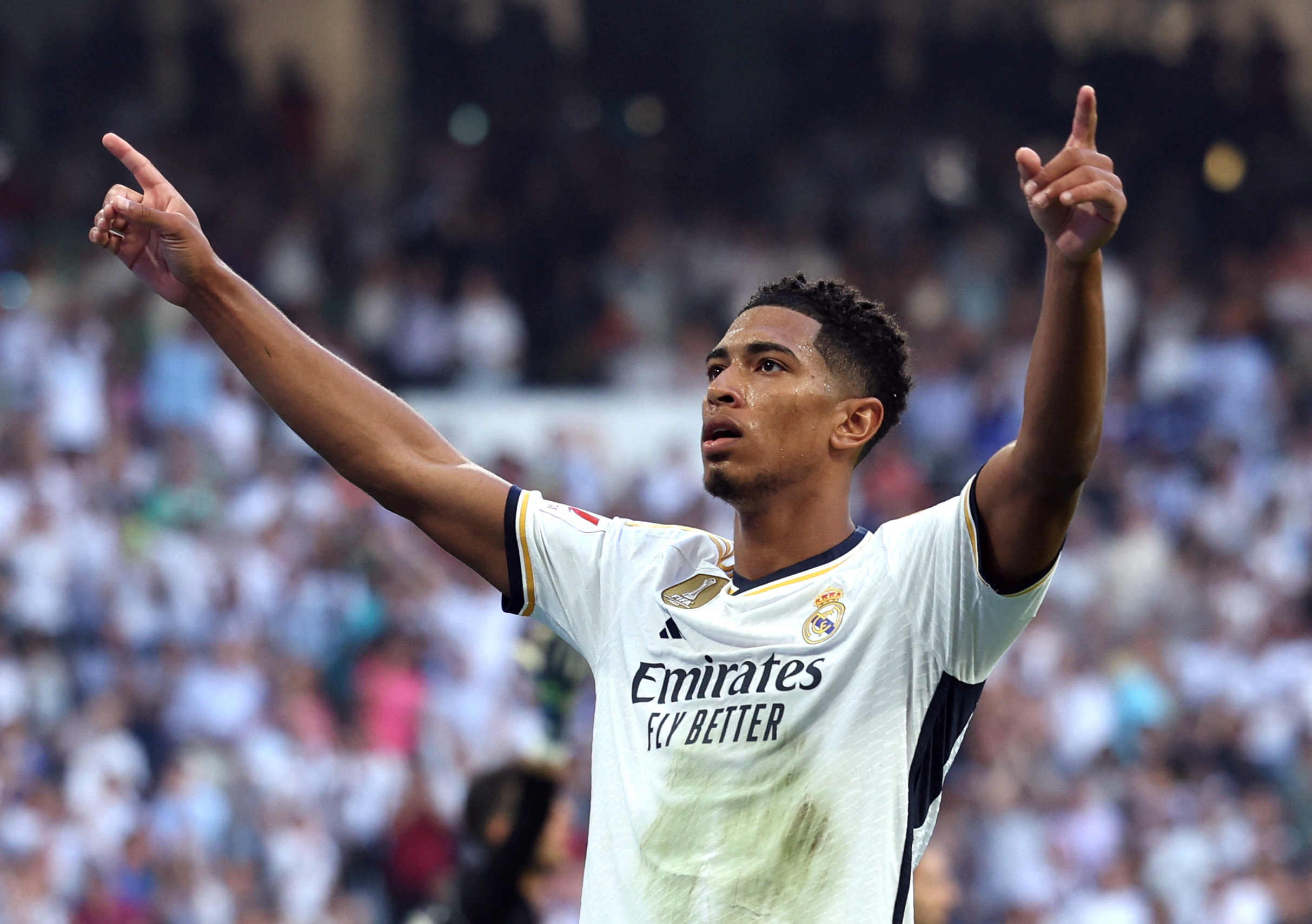 Soccer Football - LaLiga - Real Madrid v Osasuna - Santiago Bernabeu, Madrid, Spain - October 7, 2023 Real Madrid's Jude Bellingham celebrates scoring their second goal REUTERS