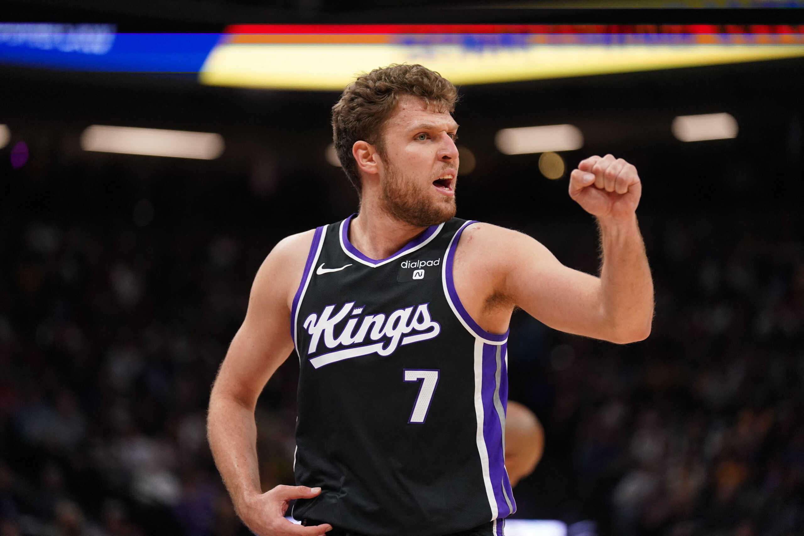 Oct 29, 2023; Sacramento, California, USA; Sacramento Kings forward Sasha Vezenkov (7) pumps his fist after the Kings maintained possession of the ball against the Los Angeles Lakers in the third quarter at the Golden 1 Center. Mandatory Credit: Cary Edmondson-USA TODAY Sports